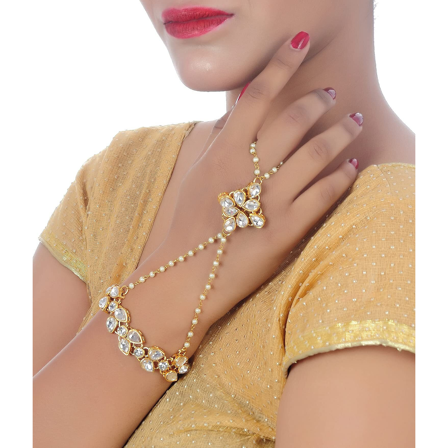 Lucky Jewellery Elegant White Color Gold Plated Finger Ring Bracelet Hand Harness Hathphool For Girls & Women