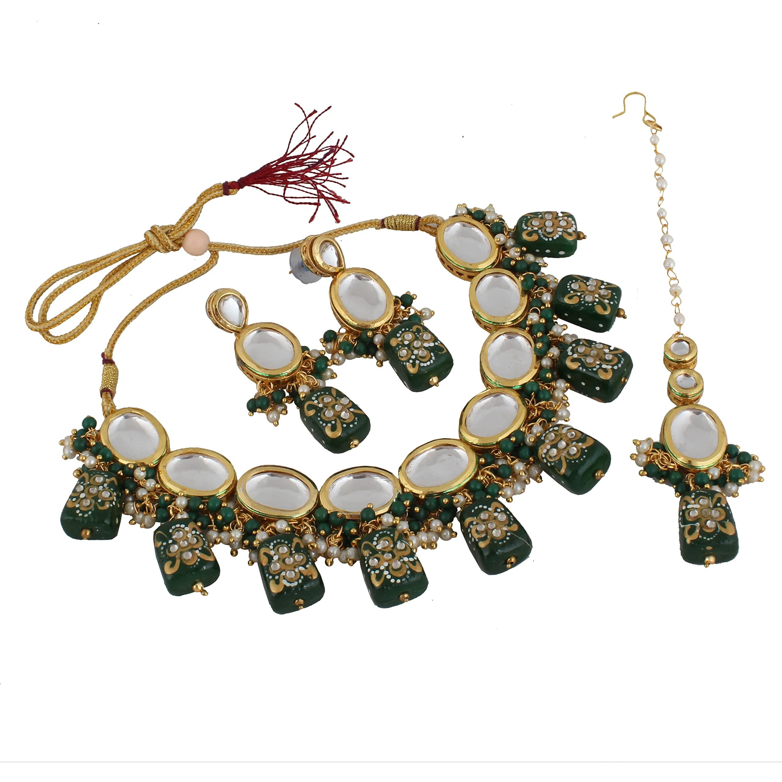 LUCKY JEWELLERY Back Meenakari 18k Gold Plated Green Color Tika Earring Combo Jewellery Set Uncut Kundan Big Faux Kundan Dibbi Kundan Choker Necklace Set for Girls & Women