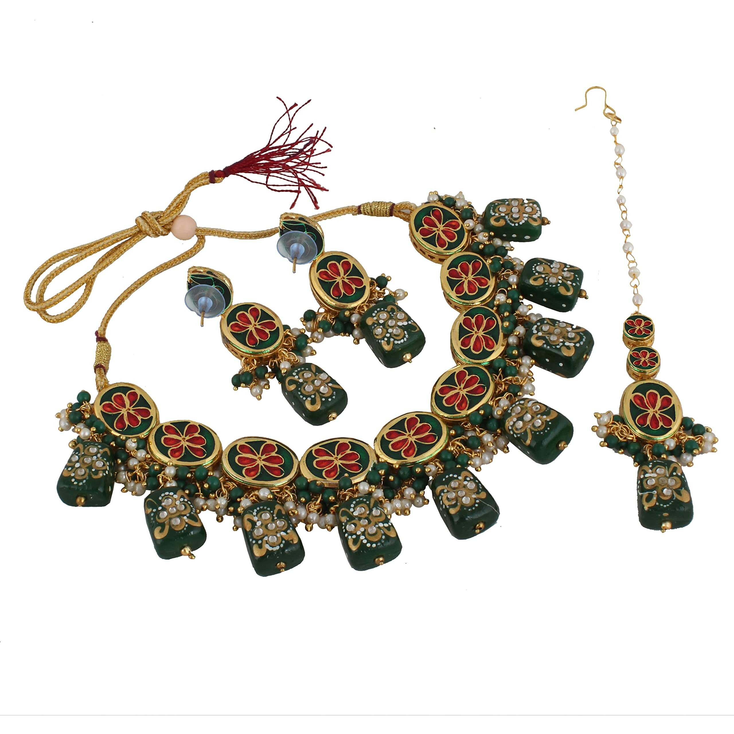 LUCKY JEWELLERY Back Meenakari 18k Gold Plated Green Color Tika Earring Combo Jewellery Set Uncut Kundan Big Faux Kundan Dibbi Kundan Choker Necklace Set for Girls & Women