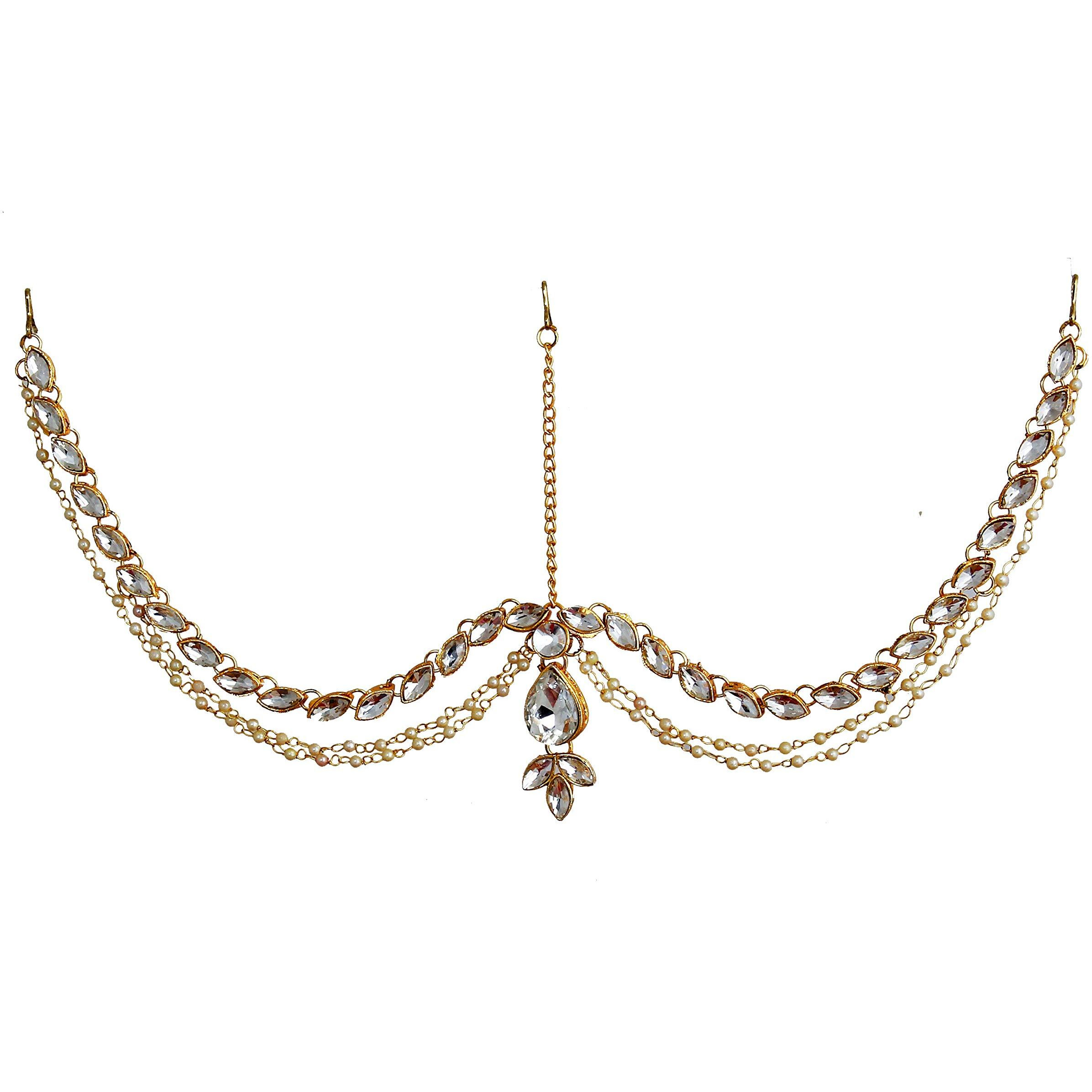 Lucky Jewellery Designer Gold Plated White Color Moti Pearl Maang Tikka Damini Kundan Stone Wedding Mathapatti for Girls & Women (248-L1PS-28-W)