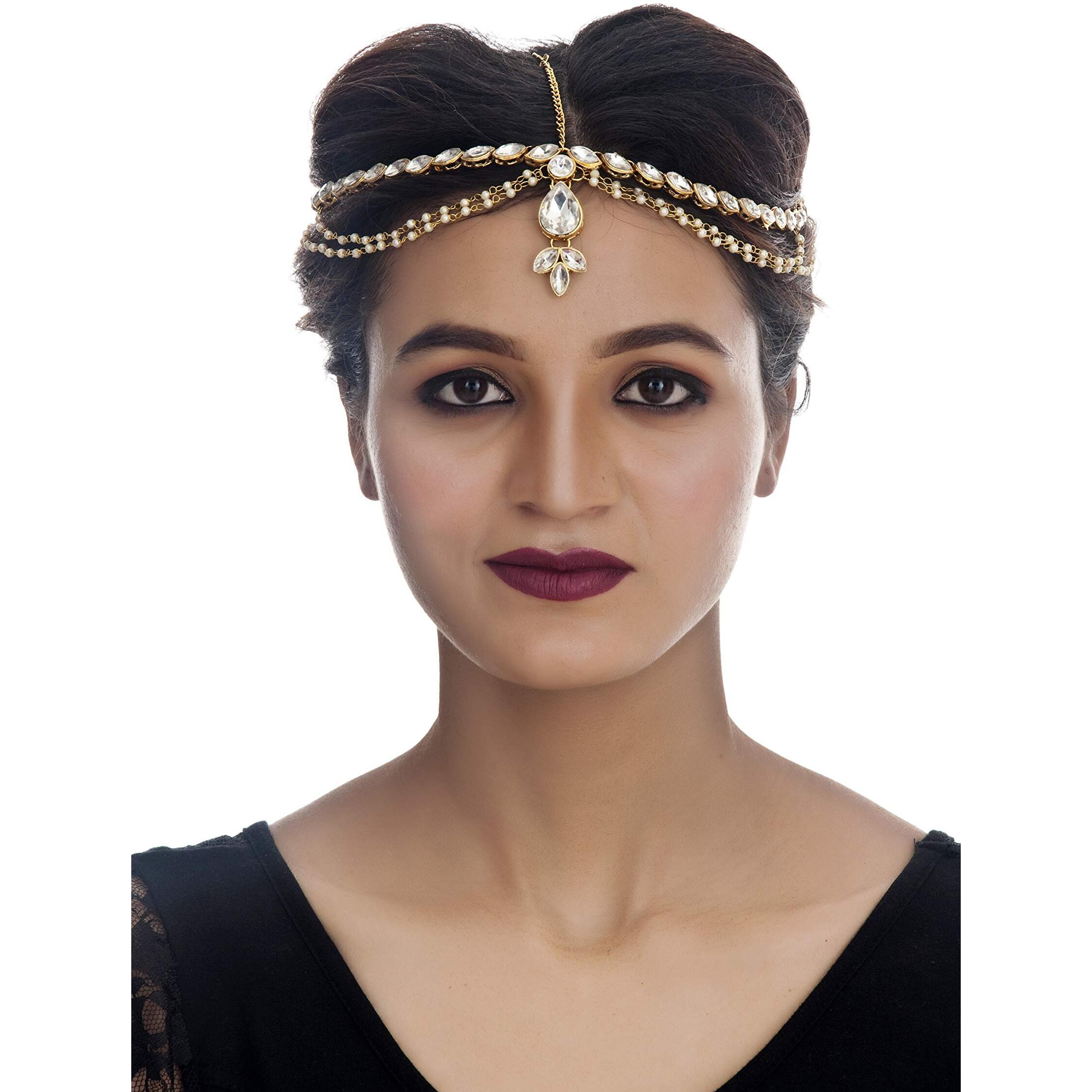Lucky Jewellery Designer Gold Plated White Color Moti Pearl Maang Tikka Damini Kundan Stone Wedding Mathapatti for Girls & Women (248-L1PS-28-W)