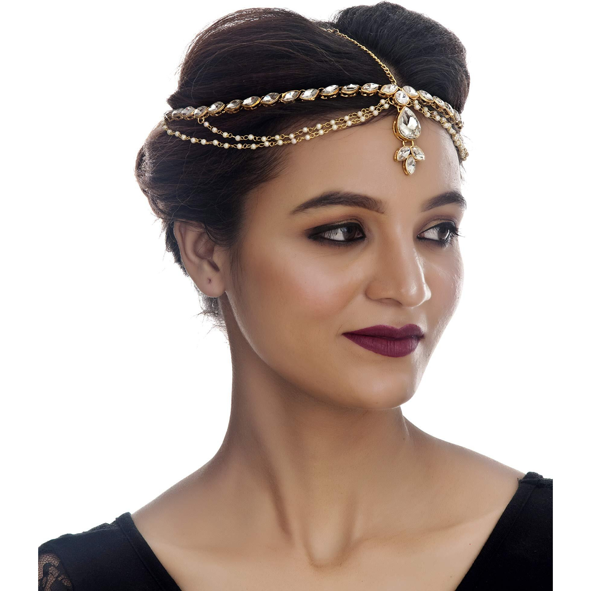 Lucky Jewellery Designer Gold Plated White Color Moti Pearl Maang Tikka Damini Kundan Stone Wedding Mathapatti for Girls & Women (248-L1PS-28-W)