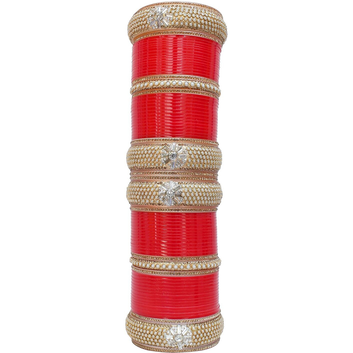 Lucky Jewellery Bridal Bangle Set Red White Pearl and Golden Stone Choora Wedding Chura Dulhan Punjabi Chuda For Women (1865-M1C1-ALISHA-R24)