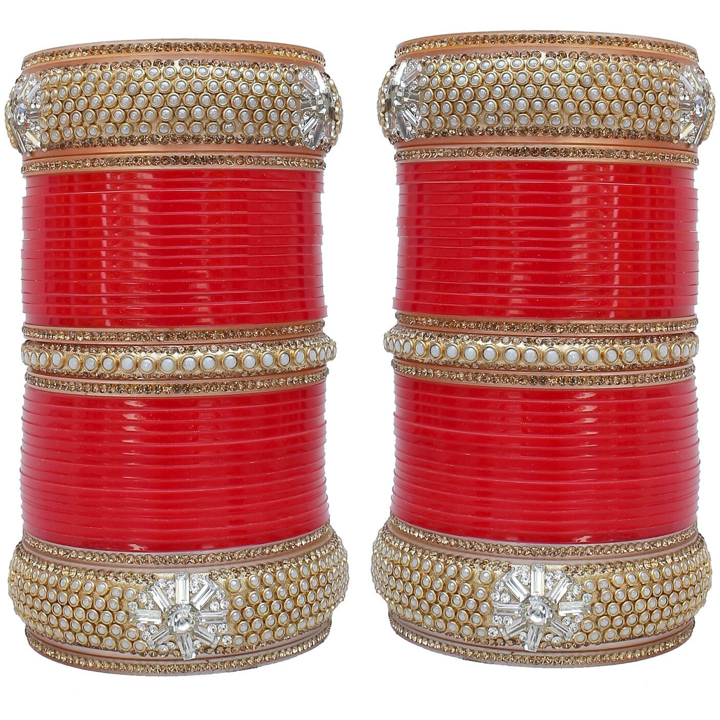 Lucky Jewellery Bridal Bangle Set Red White Pearl and Golden Stone Choora Wedding Chura Dulhan Punjabi Chuda For Women (1865-M1C1-ALISHA-R24)