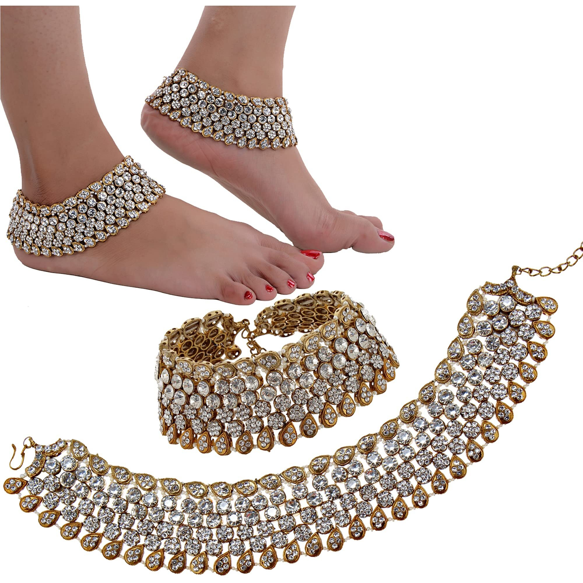 Lucky Jewellery Designer White Color Antique Polish Anklet Payal Pair Of One For Girls & Women (1951-I2YP-389-W)