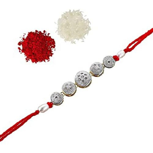 LUCKY JEWELLERY Designer Gold Plated Combo White Color Quirky Flower Shape Rakhi for Bro/Brother/Bhaiya/Bhai/Bhabhi (Pack of 2) Rakshabandan Rakhee Bracelet Rakshashutra (132-WTMR1-E820-W-2)