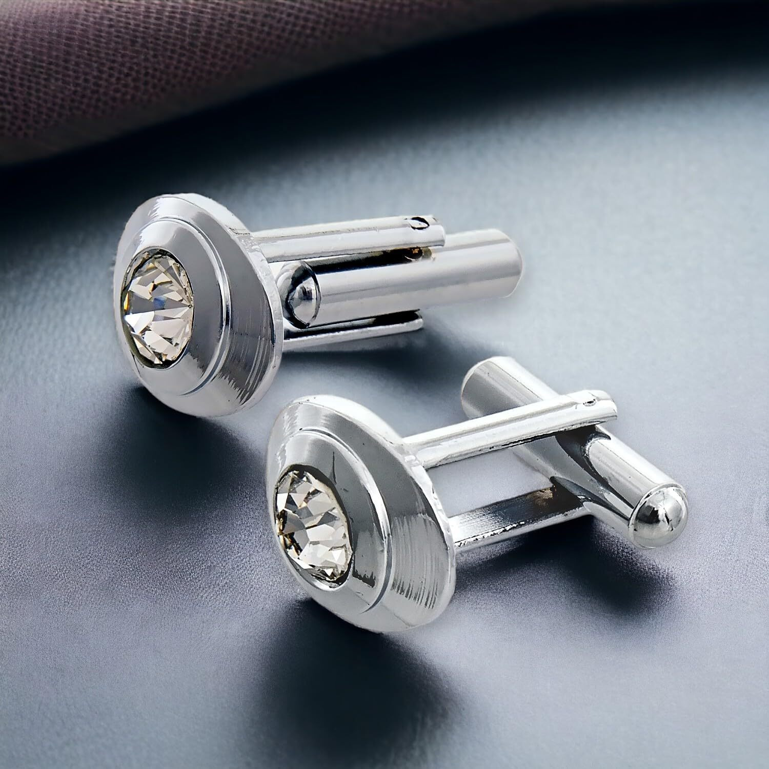 Lucky Jewellery Unique Men Jewelry White Color Stone Silver Plated Sleeve Button Formal Cuff Button Wedding Shirt Button, Suit, Blazer Cufflinks Pair Gift Set For Men (175-M4C4-KRM38-W-S)