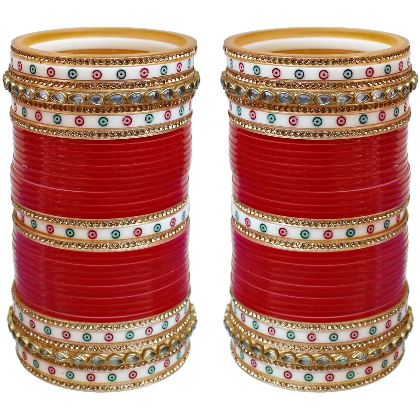 Lucky Jewellery Bridal Bangle Set Red Designer Chura Wedding Punjabi Choora Fashion Jewellery Chuda For Women (1016-M1C1-SUNAINA-R)