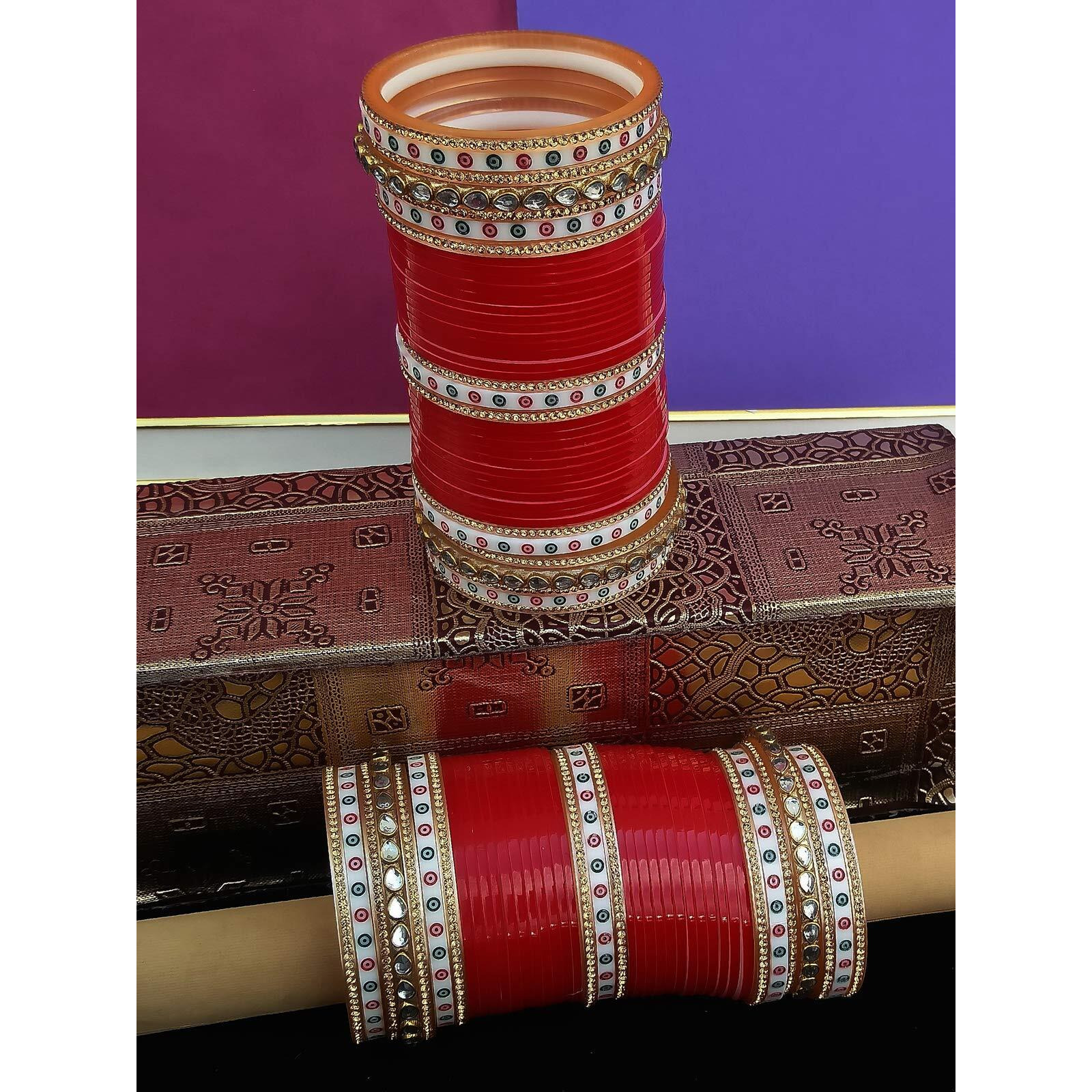 Lucky Jewellery Bridal Bangle Set Red Designer Chura Wedding Punjabi Choora Fashion Jewellery Chuda For Women (1016-M1C1-SUNAINA-R)