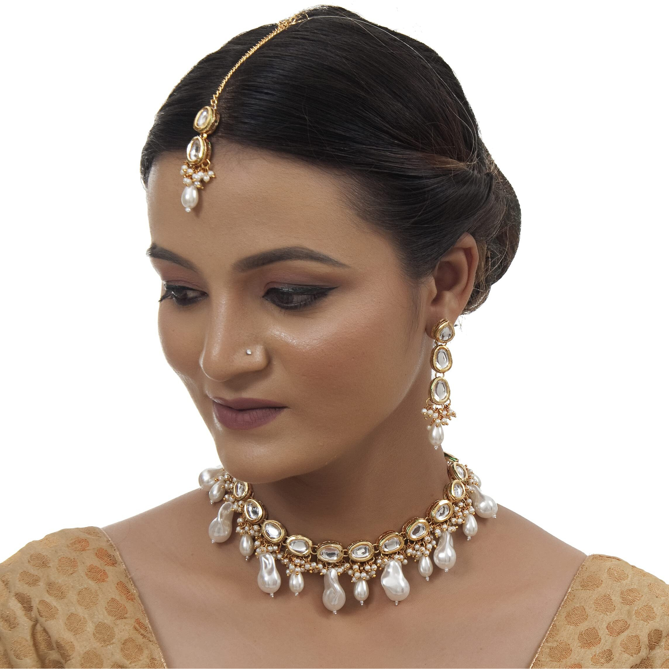 LUCKY JEWELLERY Back Meenakari 18k Gold Plated White Color Tika Earring Combo Jewellery Set Uncut Kundan Big Faux Kundan Dibbi Kundan Choker Necklace Set for Girls & Women