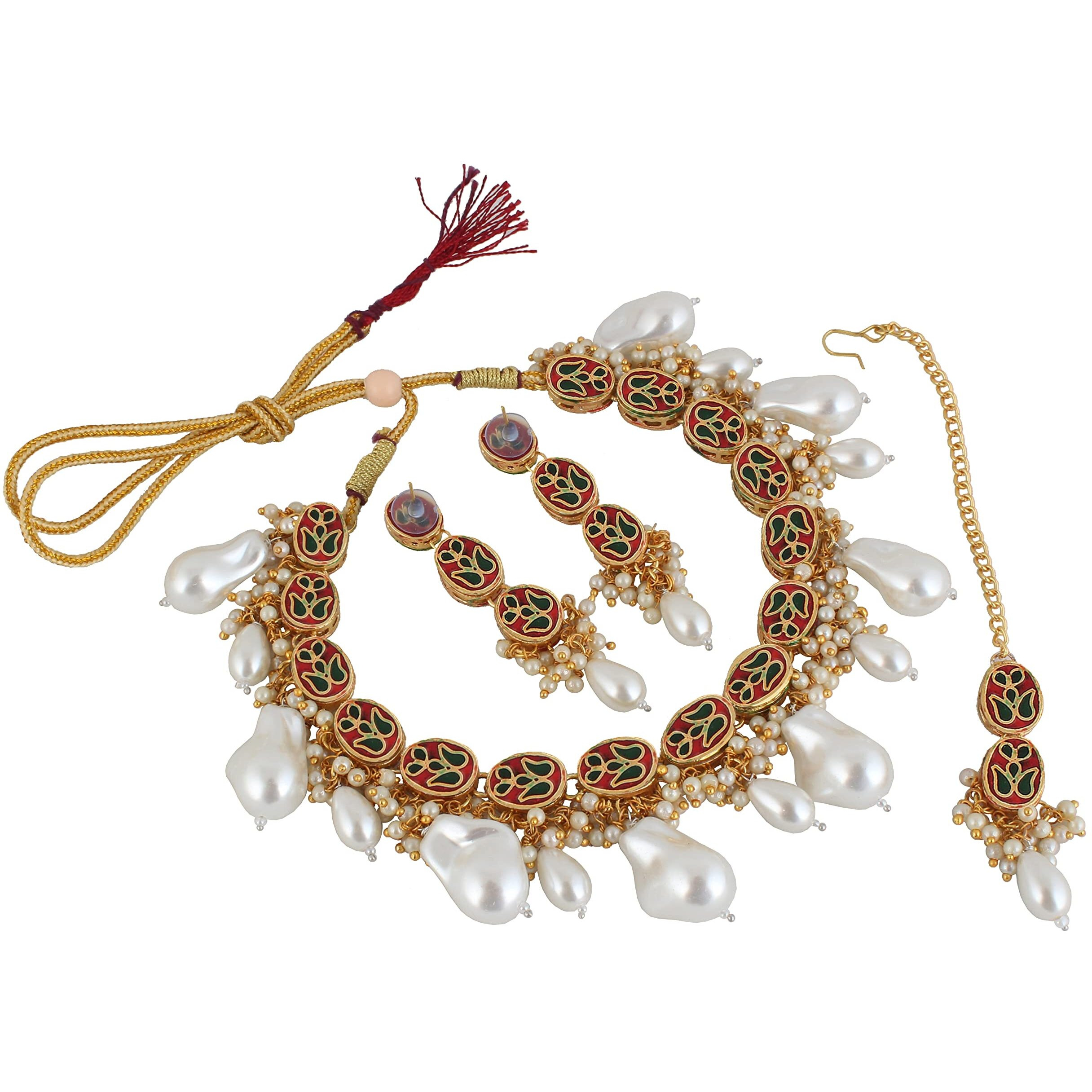 LUCKY JEWELLERY Back Meenakari 18k Gold Plated White Color Tika Earring Combo Jewellery Set Uncut Kundan Big Faux Kundan Dibbi Kundan Choker Necklace Set for Girls & Women