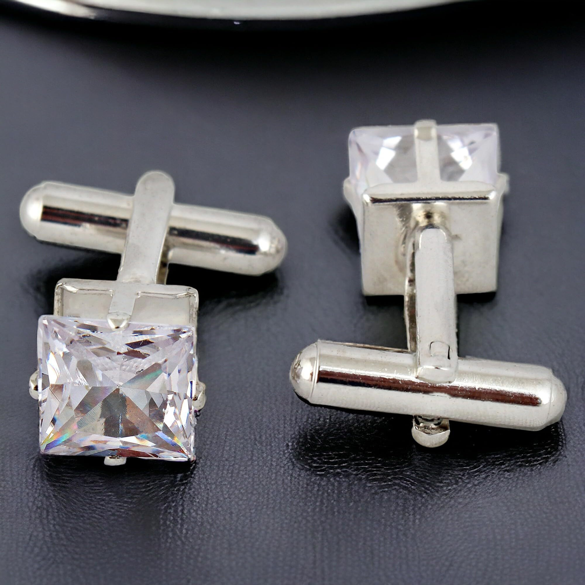 Lucky Jewellery Unique Men Jewelry White Color Stone Silver Plated Sleeve Button Formal Cuff Button Wedding Shirt Button, Suit, Blazer Cufflinks Pair Gift Set For Men (257-M4C4-AD7W-S)