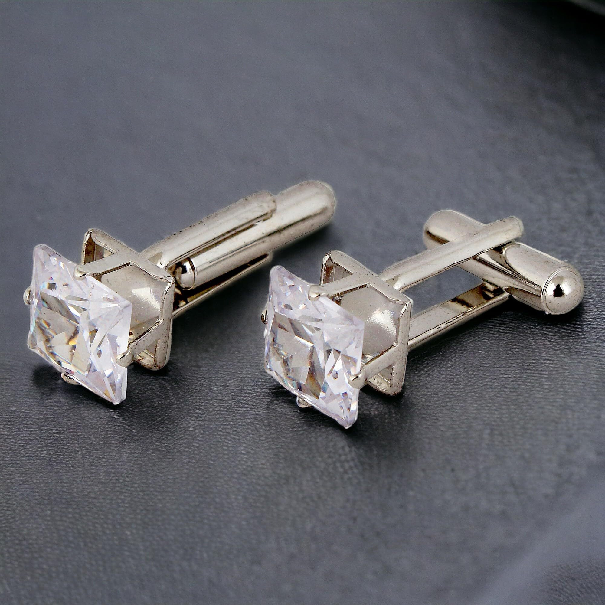 Lucky Jewellery Unique Men Jewelry White Color Stone Silver Plated Sleeve Button Formal Cuff Button Wedding Shirt Button, Suit, Blazer Cufflinks Pair Gift Set For Men (257-M4C4-AD7W-S)