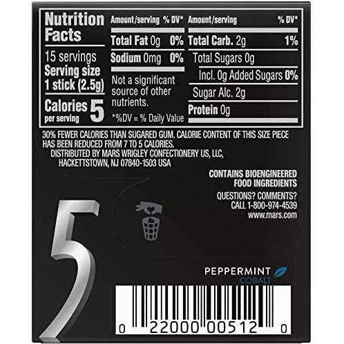 5 GUM Cobalt Peppermint, Sugar Free Gum, 15 Sticks, 2 X 40.5 G
