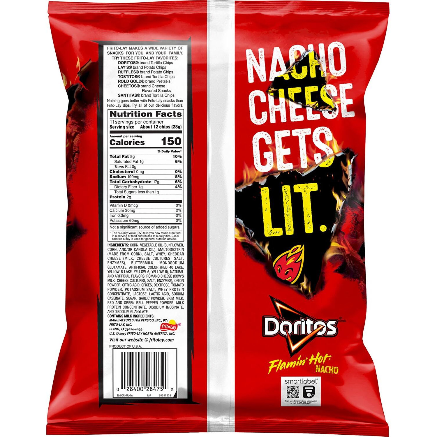 Doritos Frito Lay Flamin Hot Nacho Cheese Tortilla Chips, 11 Oz 311.8 G