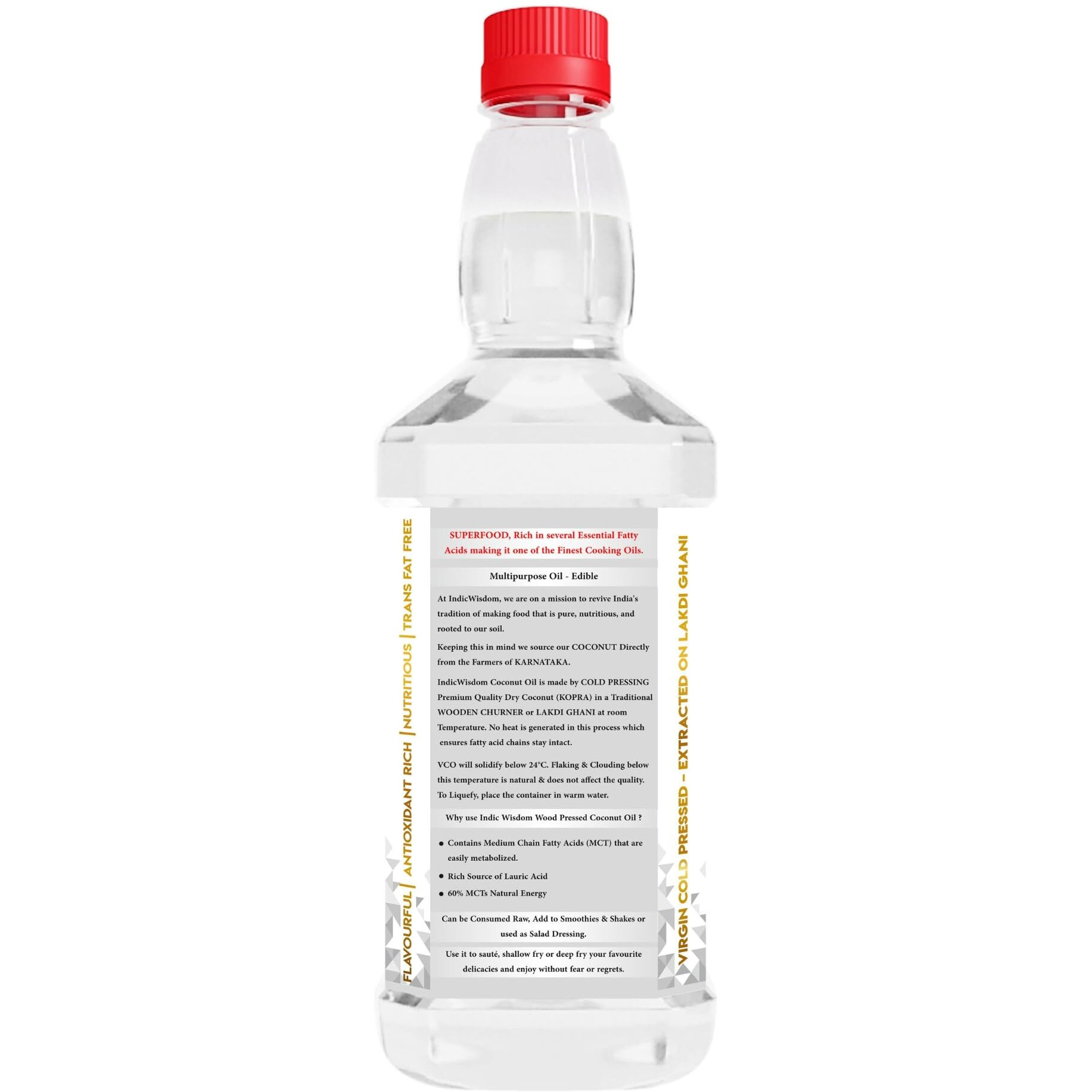 IndicWisdom Wood Pressed Virgin Coconut Oil 1 Liter (Cold Pressed Coconut Oil - Extracted on Wooden Churner)