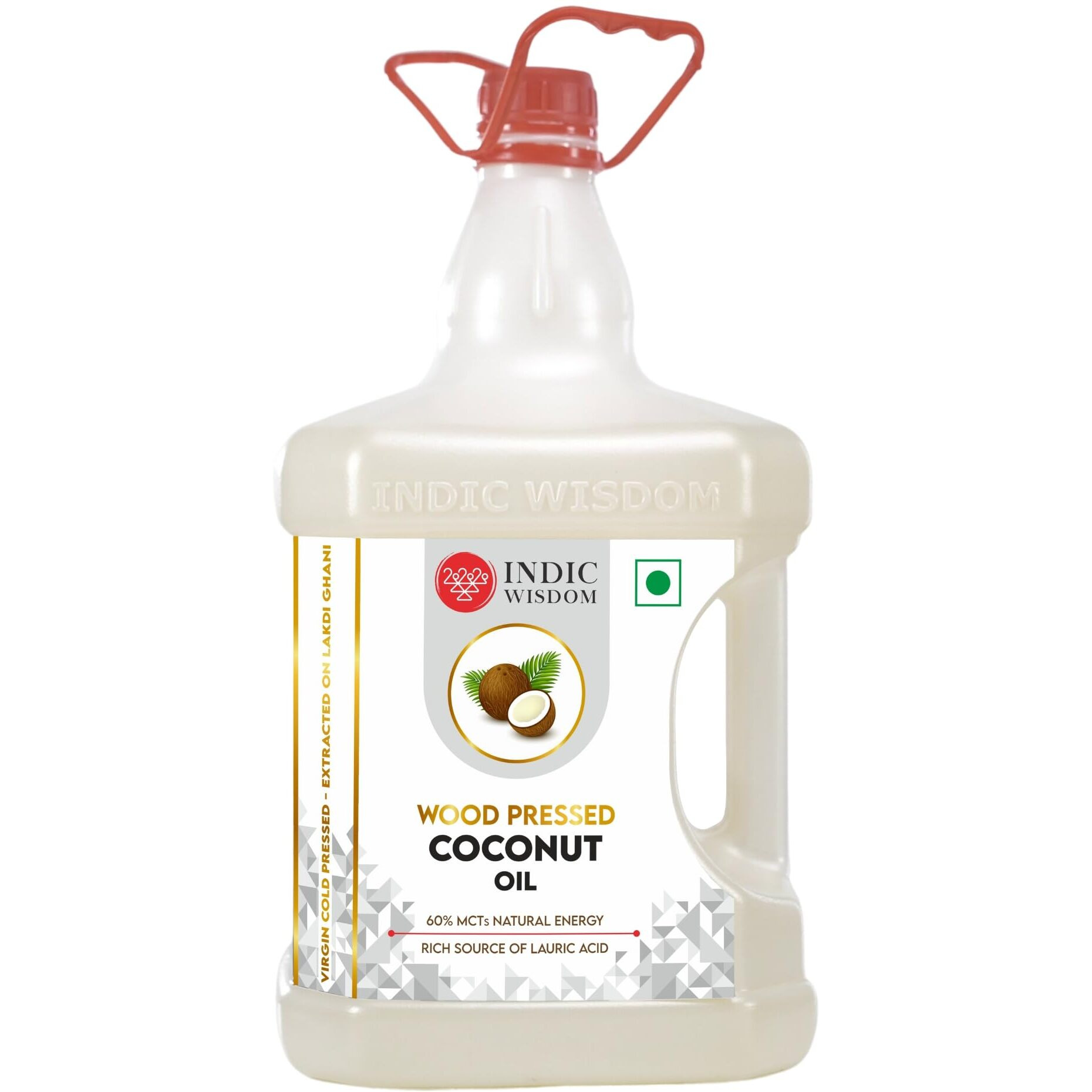 IndicWisdom Wood Pressed Virgin Coconut Oil 5 Liter (Cold Pressed Coconut Oil - Extracted on Wooden Churner)