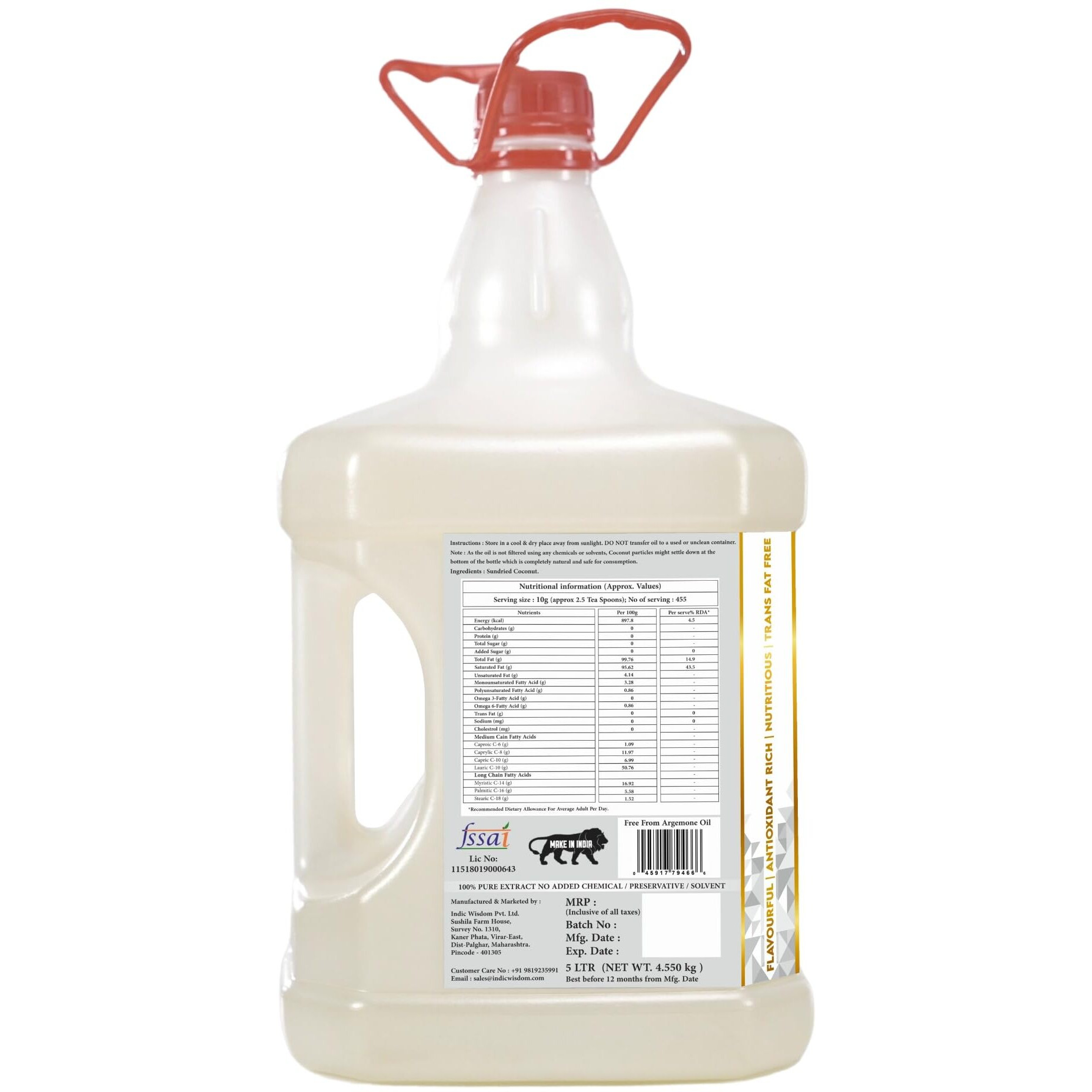 IndicWisdom Wood Pressed Virgin Coconut Oil 5 Liter (Cold Pressed Coconut Oil - Extracted on Wooden Churner)