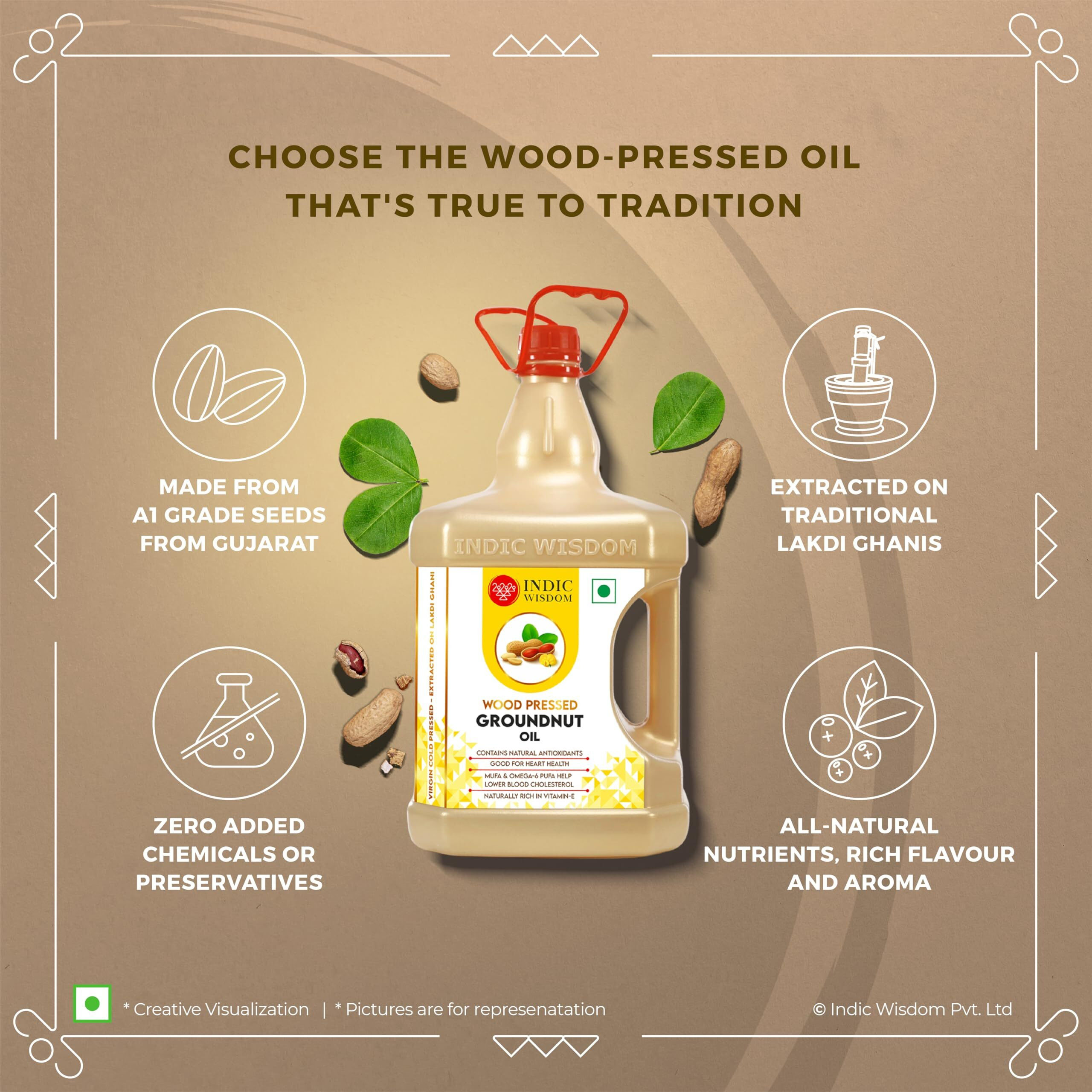 IndicWisdom Wood Pressed Groundnut Oil 5 Liter (Cold Pressed Groundnut Oil - Extracted on Wooden Churner)