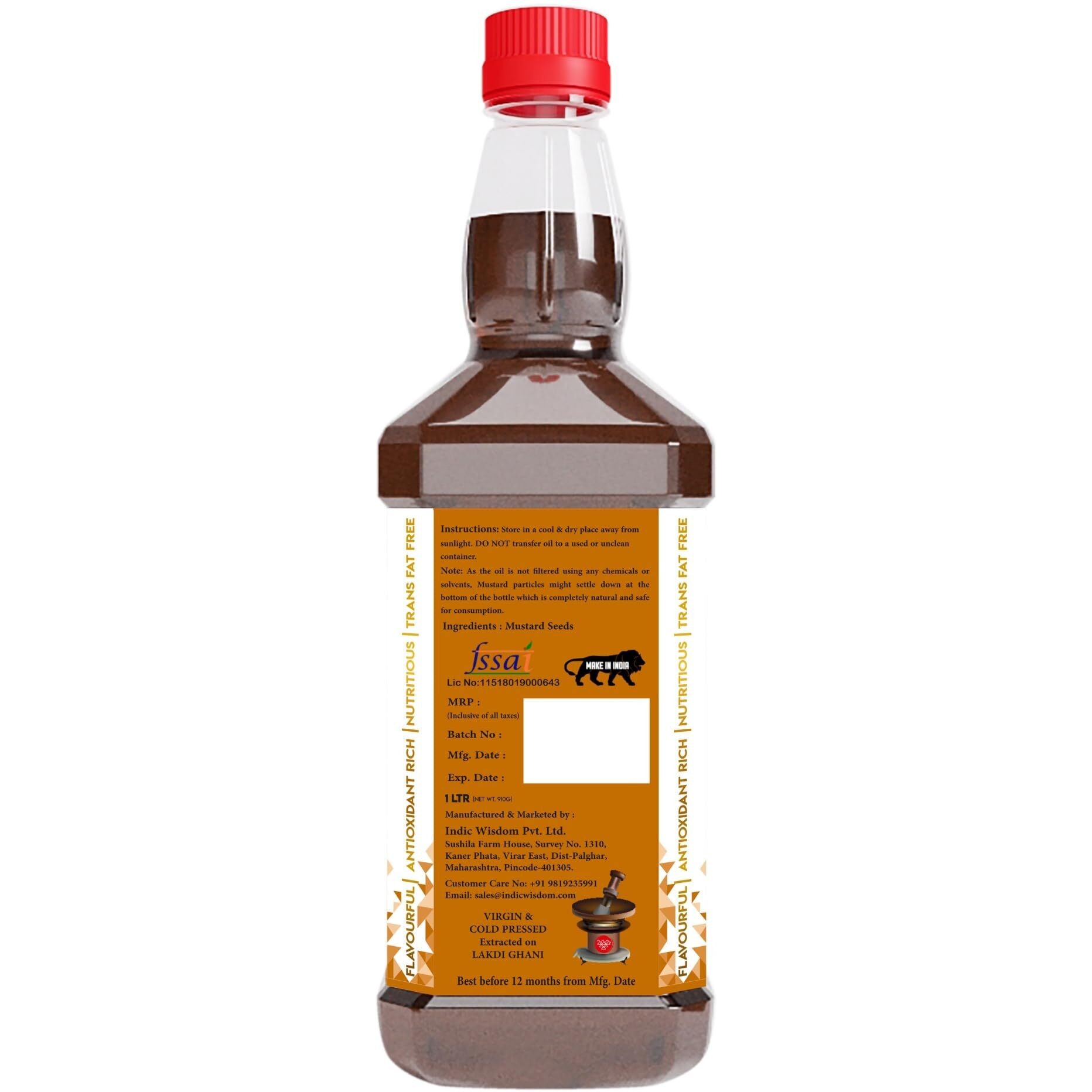 IndicWisdom Wood Pressed Mustard Oil 1 Liter (Cold Pressed Mustard Oil - Extracted on Wooden Churner)