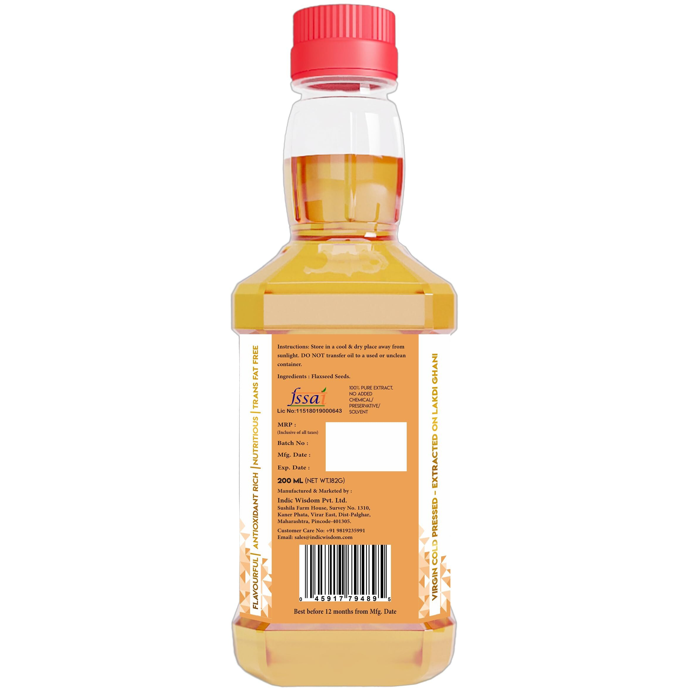 IndicWisdom Wood Pressed Flaxseed Oil 200 ml (Cold Pressed Flaxseed Oil - Extracted on Wooden Churner)