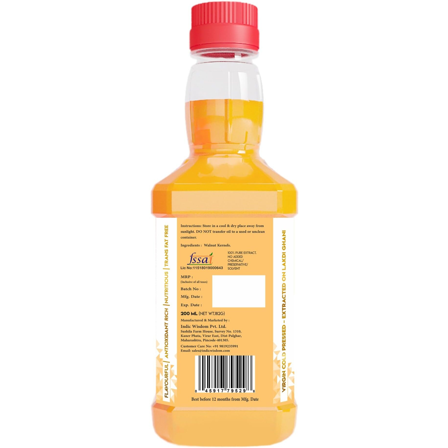 IndicWisdom Wood Pressed Walnut Oil 200 ml (Cold Pressed Walnut Oil - Extracted on Wooden Churner)