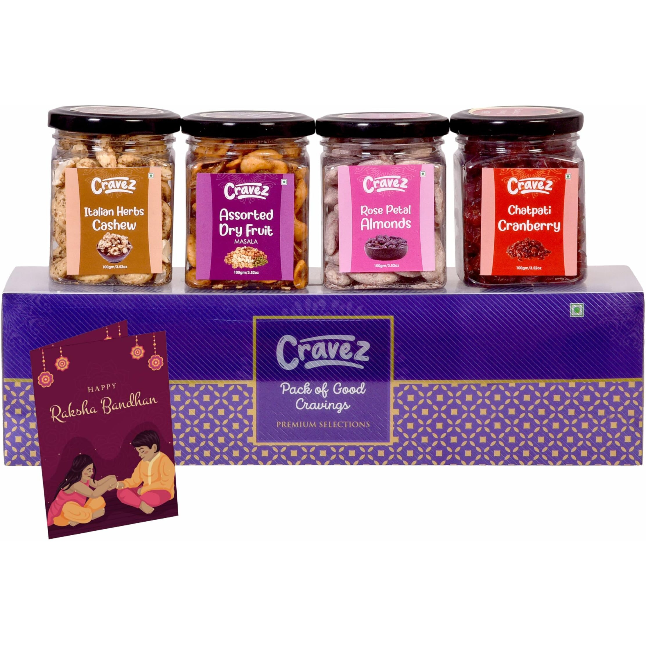 cravez Assorted Healthy Rakshabandhan Gift Hamper Dry Fruit Masala, Italian Herbs Cashew, Chatpati Cranberry, Rose Petal Almonds, 100Gm*4 - 400 Gm , Roasted Festiva, Birthday, Anniversary