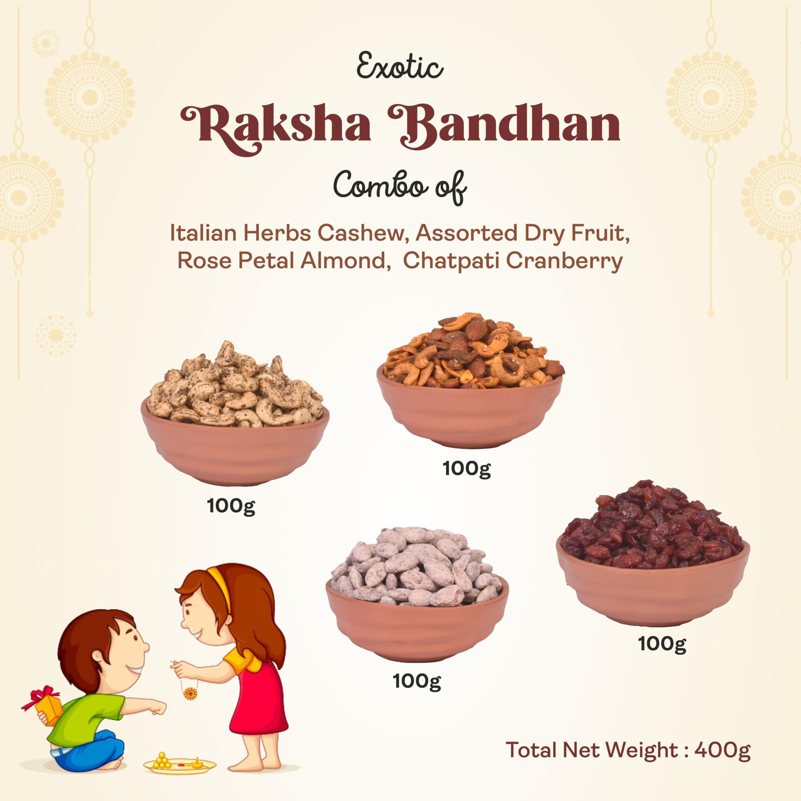 cravez Assorted Healthy Rakshabandhan Gift Hamper Dry Fruit Masala, Italian Herbs Cashew, Chatpati Cranberry, Rose Petal Almonds, 100Gm*4 - 400 Gm , Roasted Festiva, Birthday, Anniversary