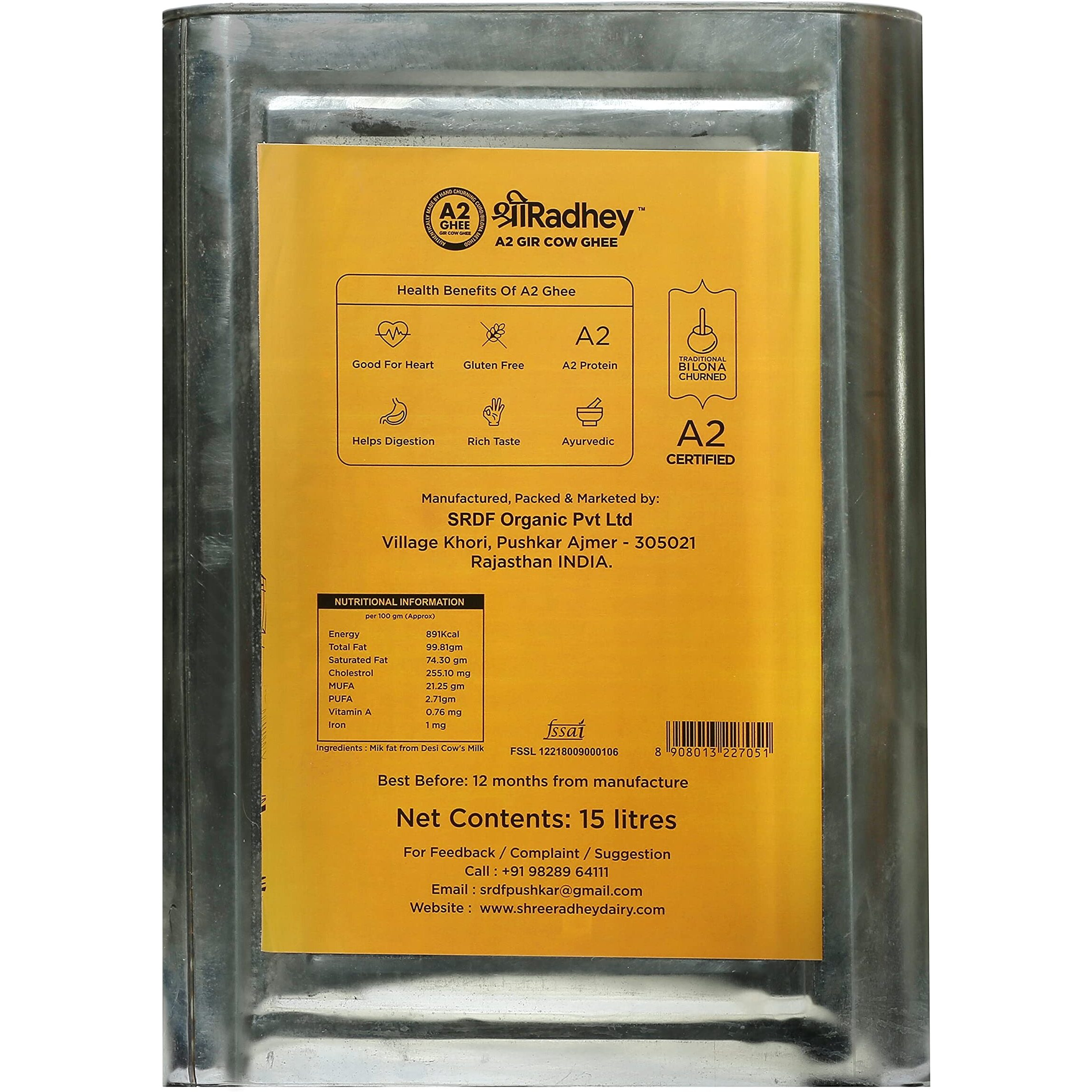 SHREERADHEY A2 Gir Cow Ghee | Traditional Bilona Churned | 15 Liter Tin