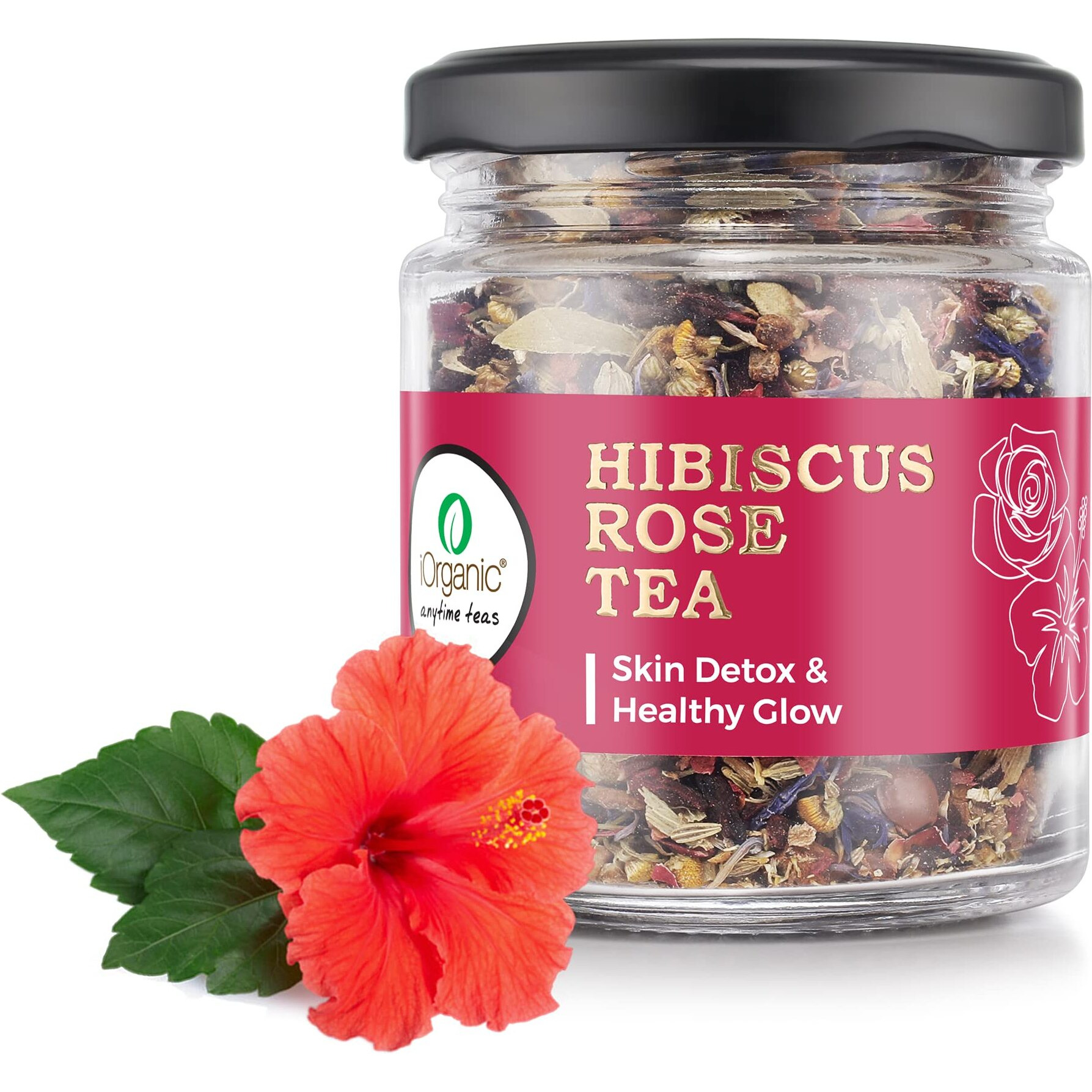 IORGANIC Hibiscus Rose Tea | Organic Herbal Immunity Booster Caffeine Free With Blend Of Star Anise | Fennel, Cardamom, Chamomile & Rose Petals For Your Skin Detox And Healthy Glow - (60 Gram)