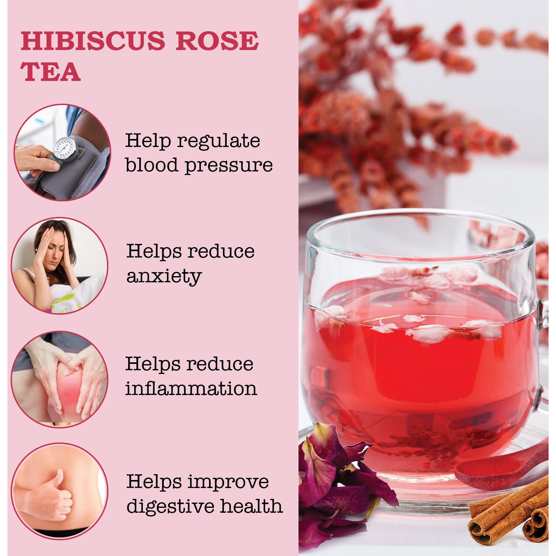 IORGANIC Hibiscus Rose Tea | Organic Herbal Immunity Booster Caffeine Free With Blend Of Star Anise | Fennel, Cardamom, Chamomile & Rose Petals For Your Skin Detox And Healthy Glow - (60 Gram)
