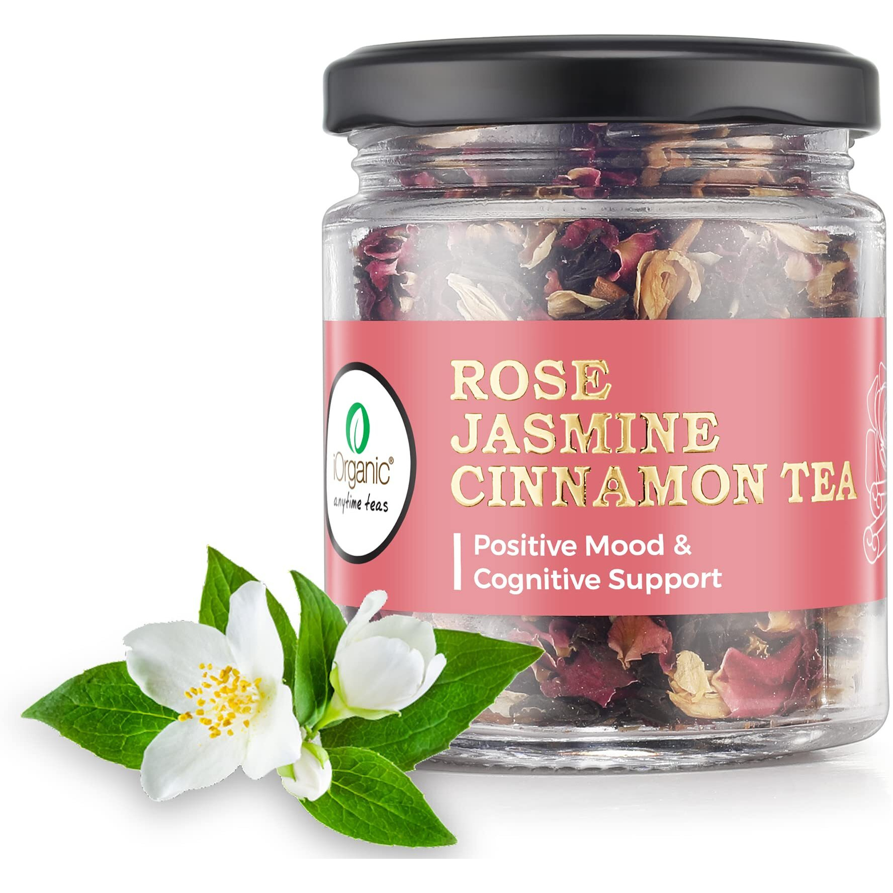 IORGANIC Natural Dried Rose Jasmine Cinnamon Tea | Organic Herbal Immunity Booster Tea | Caffeine Free, With Blend Of Fresh Cardamom And Black Tea Granule For Positive Mood - 35 Gm