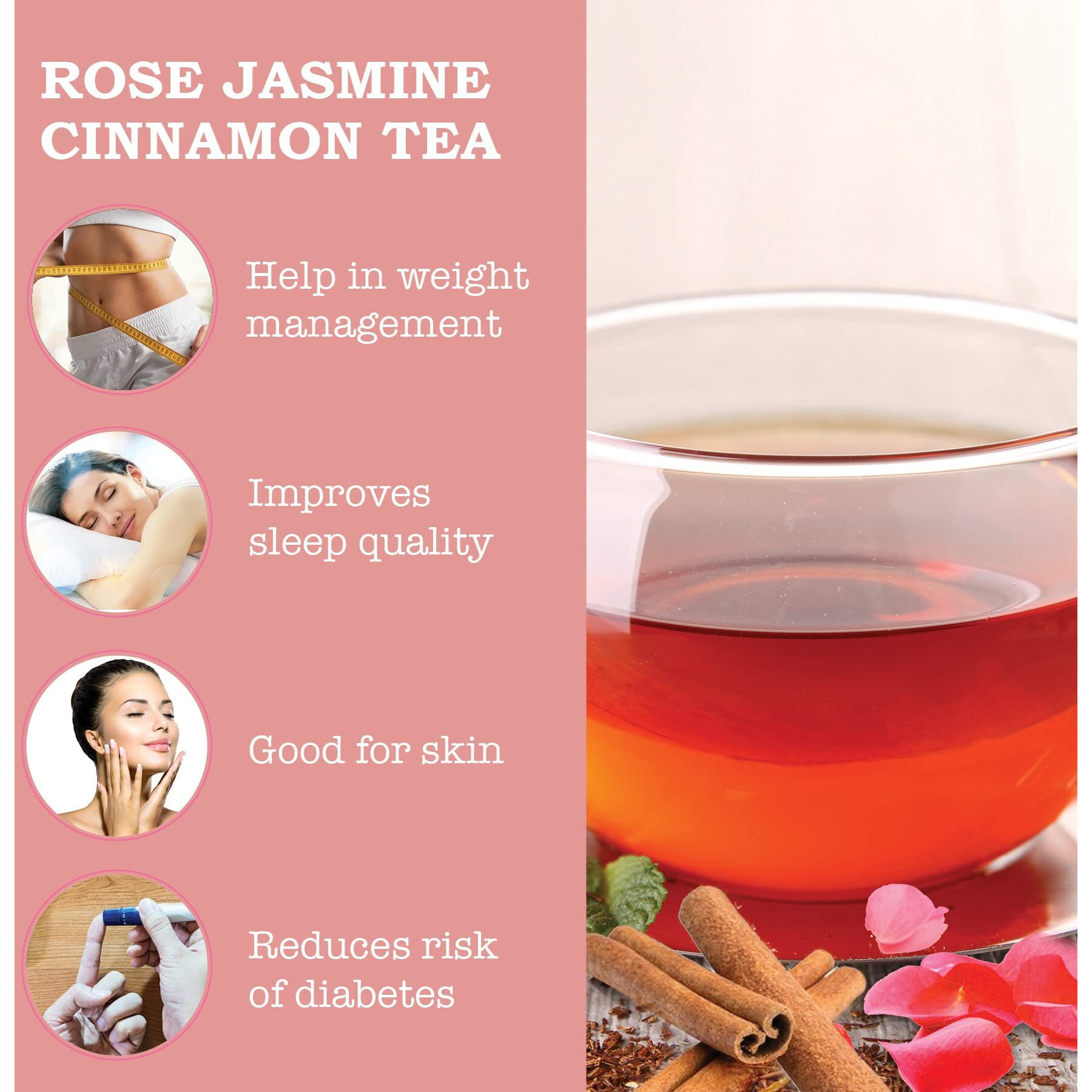 IORGANIC Natural Dried Rose Jasmine Cinnamon Tea | Organic Herbal Immunity Booster Tea | Caffeine Free, With Blend Of Fresh Cardamom And Black Tea Granule For Positive Mood - 35 Gm