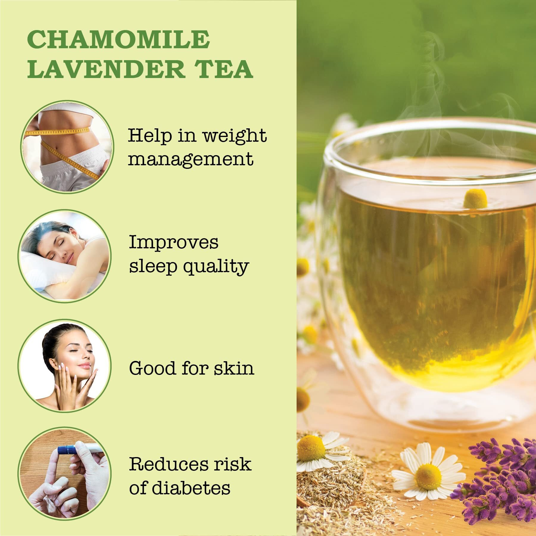 IORGANIC Chamomile Lavender Tea | Flowers Dried Perfect Organic Herbal Immunity Booster Tea | Caffeine Free With Blend Of Stevia And Green Tea - (35 Gram)