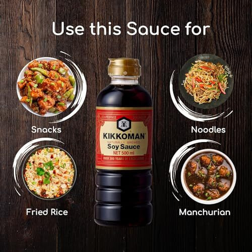 Kikkoman Naturally Brewed Soy Sauce - 500ml | Made in Japan, All Purpose Seasoning - 4 ingredients- Soy Beans, Salt, Water, Wheat | Vegetarian, No Added Colour or Preservatives
