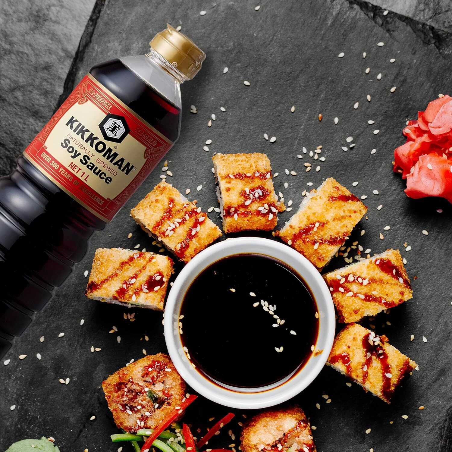 Kikkoman Naturally Brewed Soy Sauce - 1 Litre | Made in Japan, All Purpose Seasoning - 4 ingredients- Soy Beans, Salt, Water, Wheat | Vegetarian, No Added Colour or Preservatives