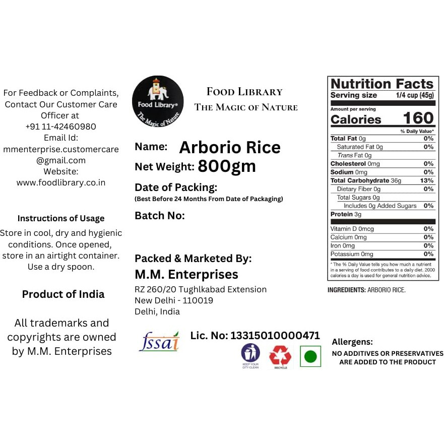FOOD LIBRARY THE MAGIC OF NATURE Italian Arborio Rice, 800 Gram