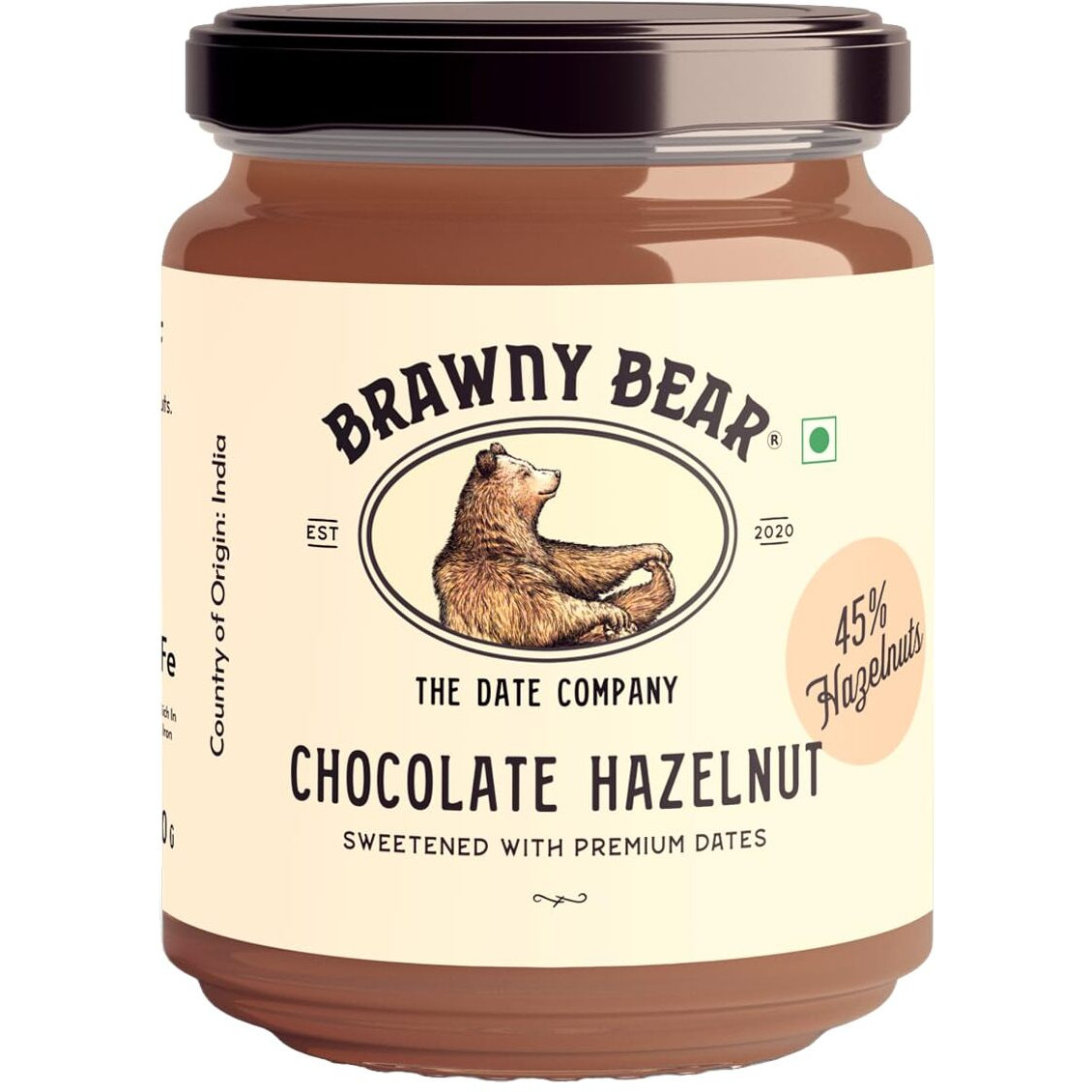 Brawny Bear Chocolate Hazelnut Spread with 45% Hazelnuts, 100% Natural Sweetened with Dates, Healthy Nut Butter with No Added Sugar, No Palm Oil, No Preservative, Vegan Spread  200 gm