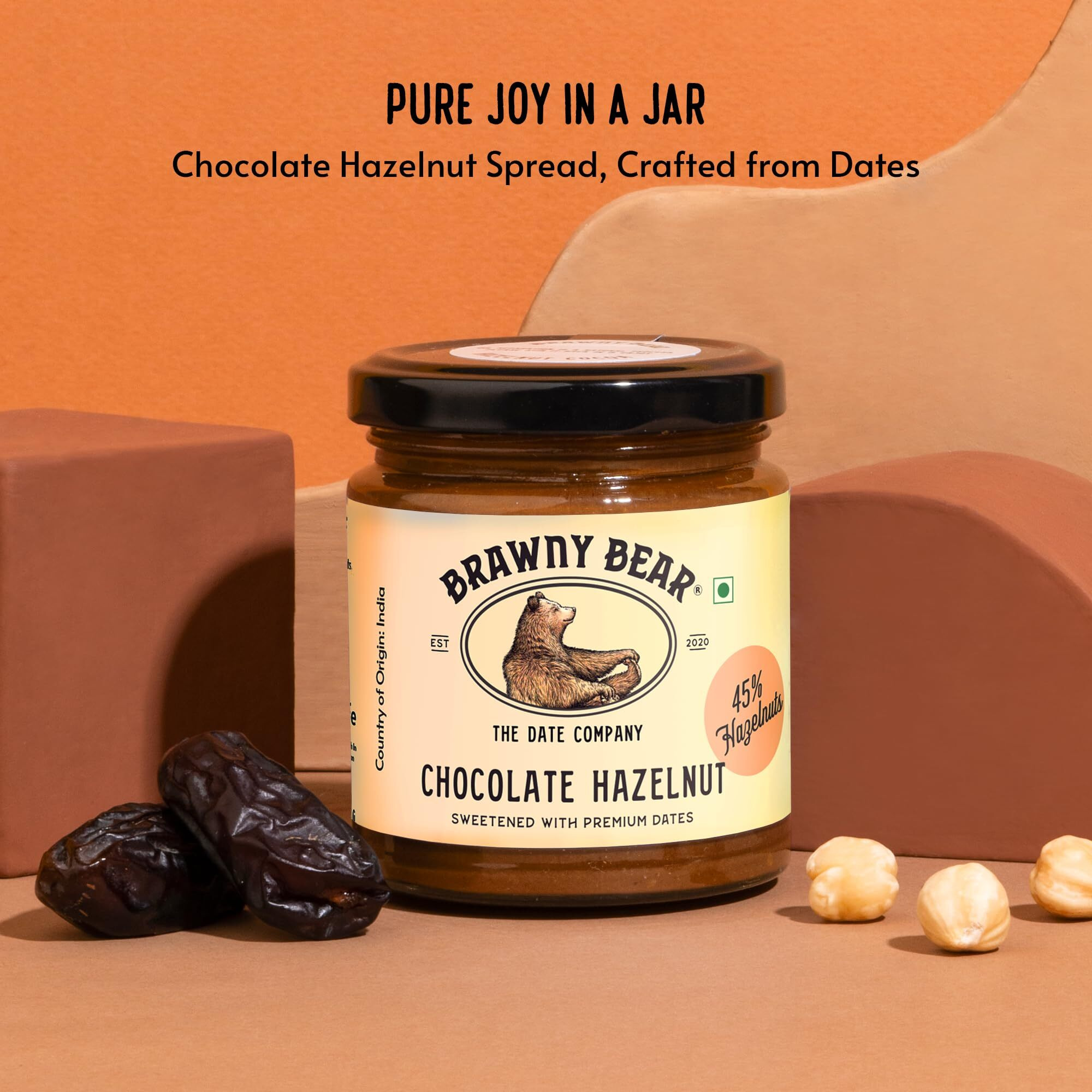 Brawny Bear Chocolate Hazelnut Spread with 45% Hazelnuts, 100% Natural Sweetened with Dates, Healthy Nut Butter with No Added Sugar, No Palm Oil, No Preservative, Vegan Spread  200 gm
