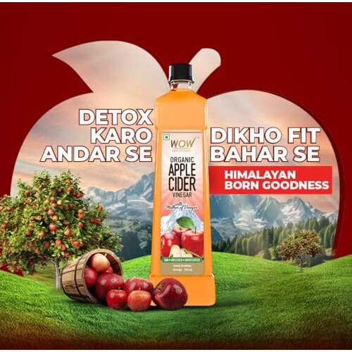 WOW Life Science Apple Cider Vinegar 750ml | Organic Himalayan Apples | Mother of Vinegar with Probiotics | Unfiltered & Unpasteurized | For Weight Management, Reduced Bloating, Healthy Skin & Hair