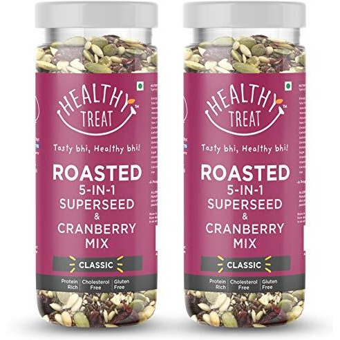 Healthy Treat Roasted 5 in 1 Super Seeds Mix with Cranberry 300gm (Pack of 2 - 150 gm Each) | Trail Mix | Seeds Mix | Roasted Seeds Mix for eating | A blend of Pumpkin seeds, Flax seeds, Watermelon seeds, Chia seeds, Sesame seeds & Dried Cranberries | Mixed Seeds for Weight Loss | Healthy Diet Snacks