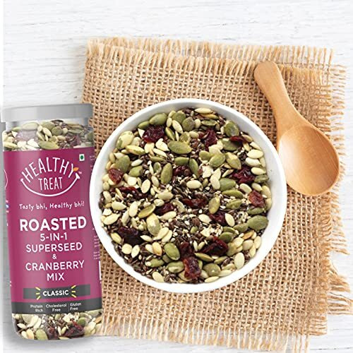 Healthy Treat Roasted 5 in 1 Super Seeds Mix with Cranberry 300gm (Pack of 2 - 150 gm Each) | Trail Mix | Seeds Mix | Roasted Seeds Mix for eating | A blend of Pumpkin seeds, Flax seeds, Watermelon seeds, Chia seeds, Sesame seeds & Dried Cranberries | Mixed Seeds for Weight Loss | Healthy Diet Snacks