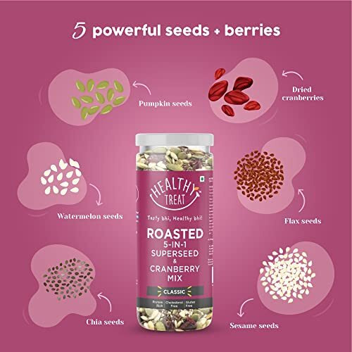Healthy Treat Roasted 5 in 1 Super Seeds Mix with Cranberry 300gm (Pack of 2 - 150 gm Each) | Trail Mix | Seeds Mix | Roasted Seeds Mix for eating | A blend of Pumpkin seeds, Flax seeds, Watermelon seeds, Chia seeds, Sesame seeds & Dried Cranberries | Mixed Seeds for Weight Loss | Healthy Diet Snacks