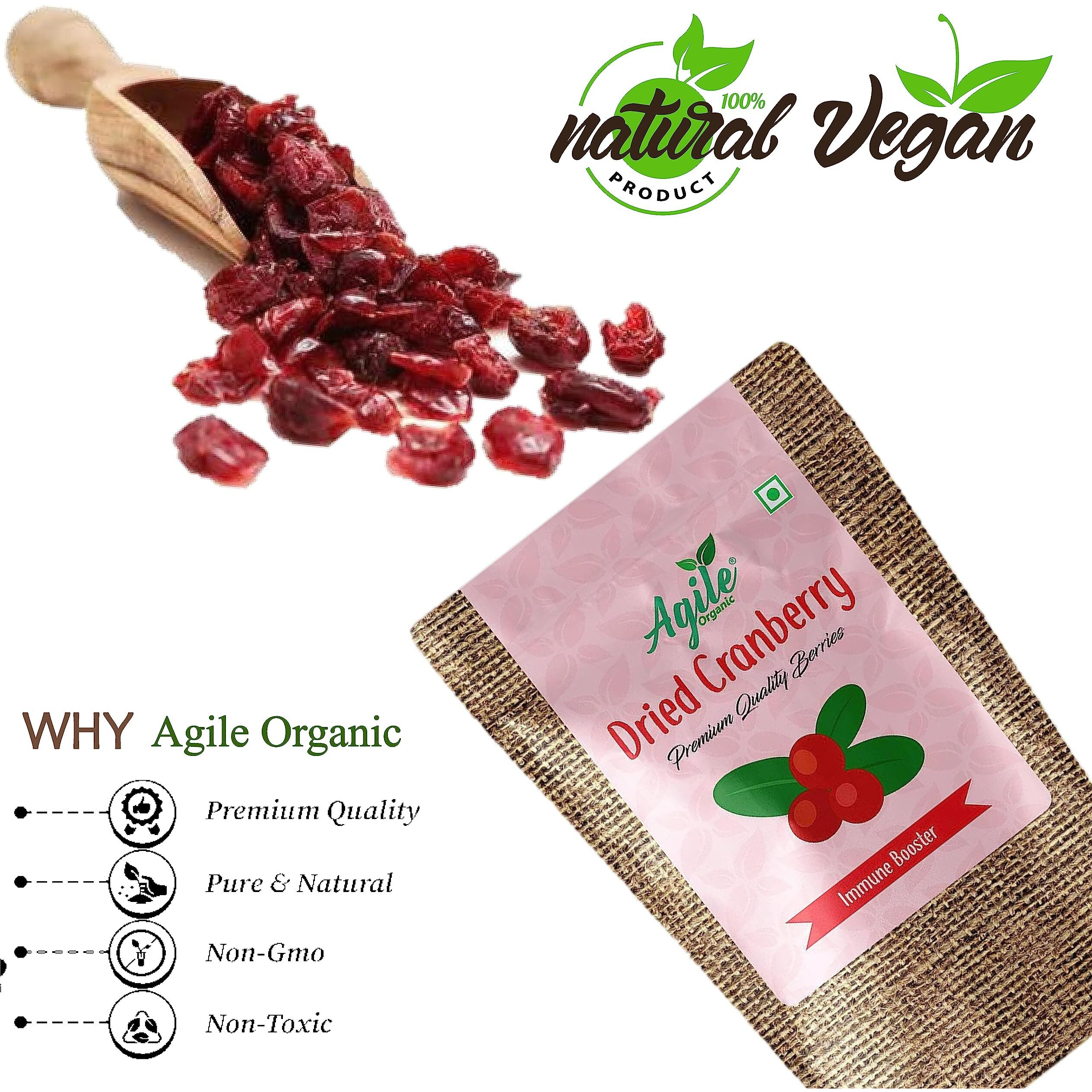 Agile Organic Whole Cranberries 250g - Non -GMO, Gluten Free & Vegan Dried Berries | Healthy Snack (250 grams) Imported From USA Dried Cranberry