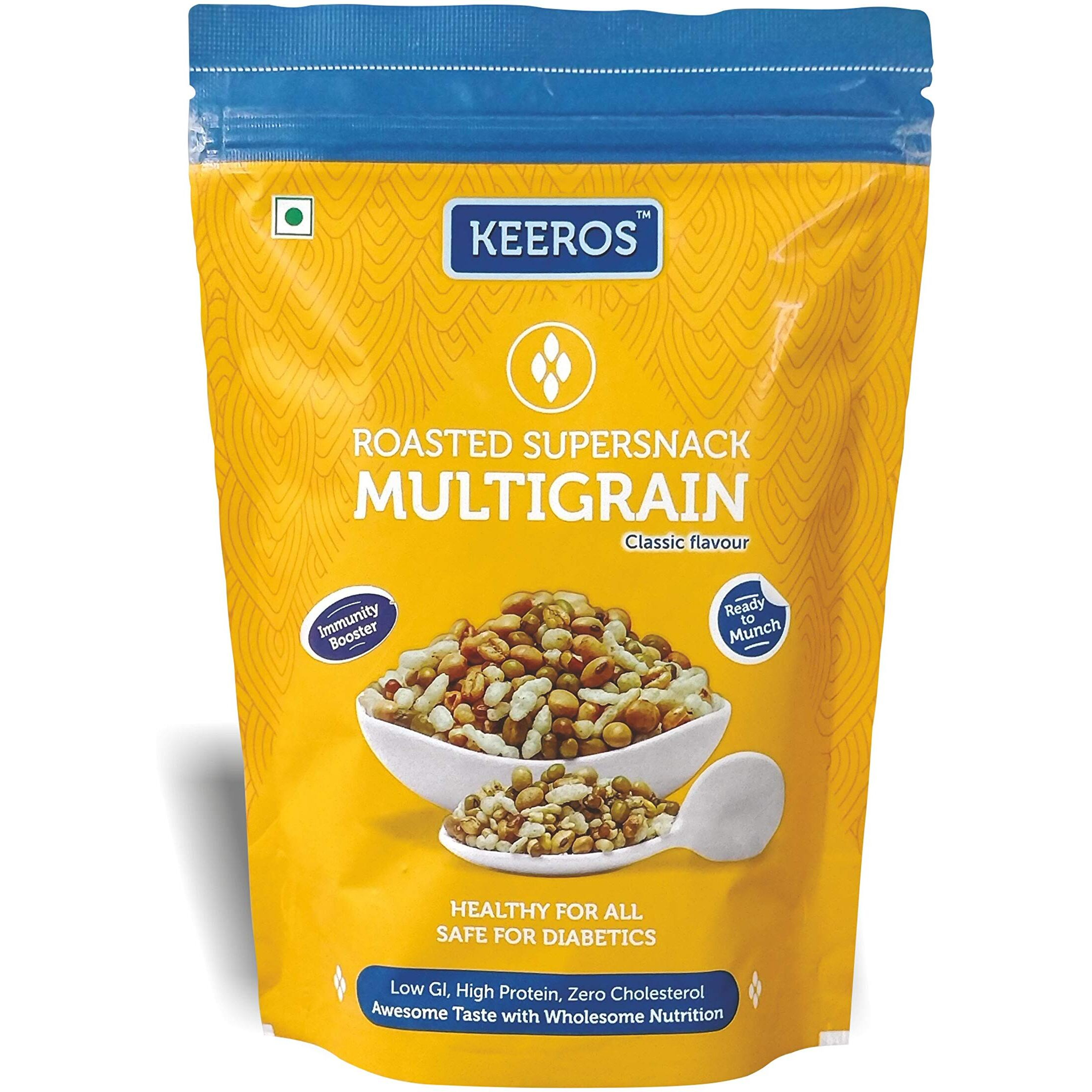 Keeros Multigrain Healthy Super Snack - Ready to Eat, High Protein, Tasty, Low GI, Healthy Mix of Roasted Pearl Millets, Soyabeans, Dew Beans, Green Grams, Rice Flakes, White Wheat (200g)