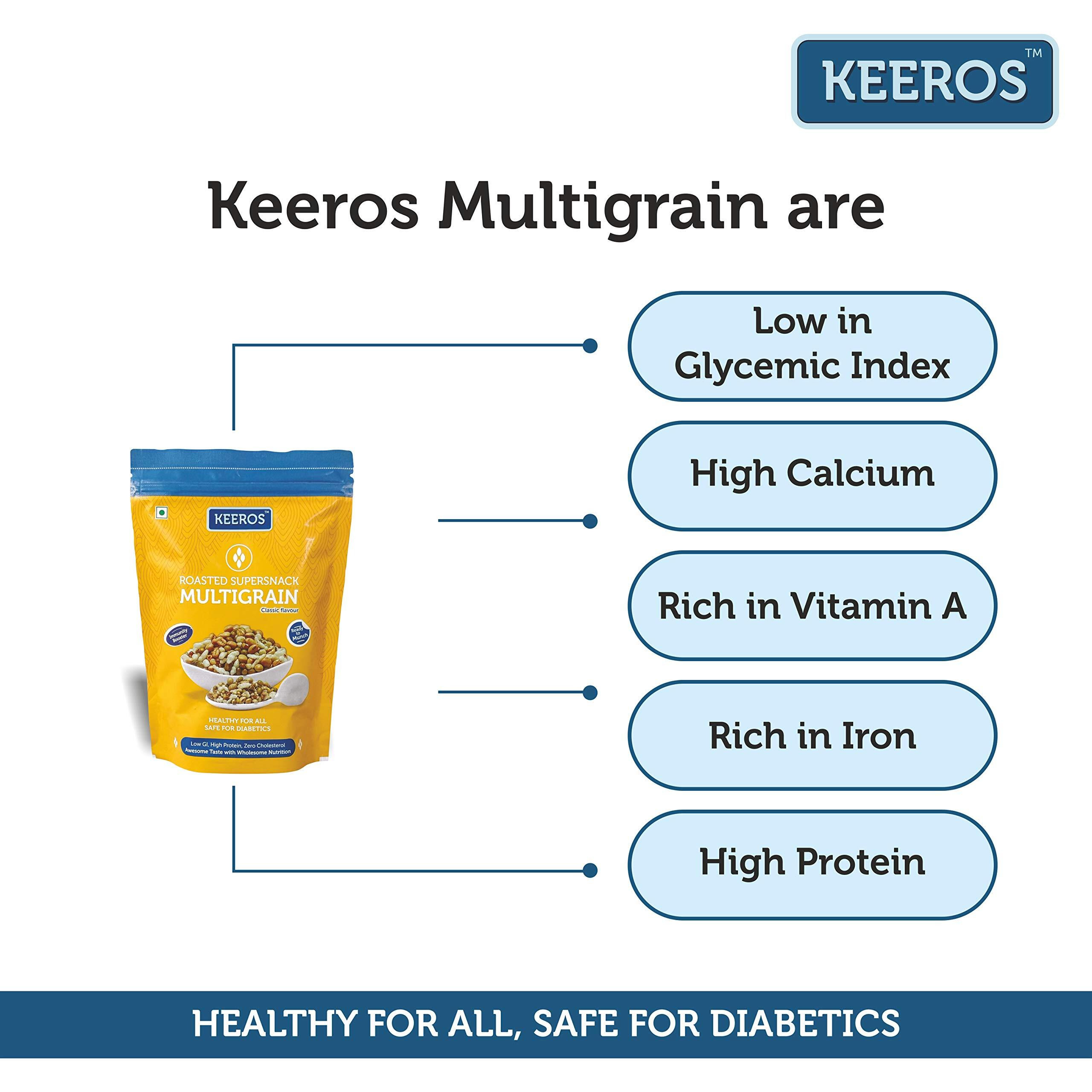 Keeros Multigrain Healthy Super Snack - Ready to Eat, High Protein, Tasty, Low GI, Healthy Mix of Roasted Pearl Millets, Soyabeans, Dew Beans, Green Grams, Rice Flakes, White Wheat (200g)