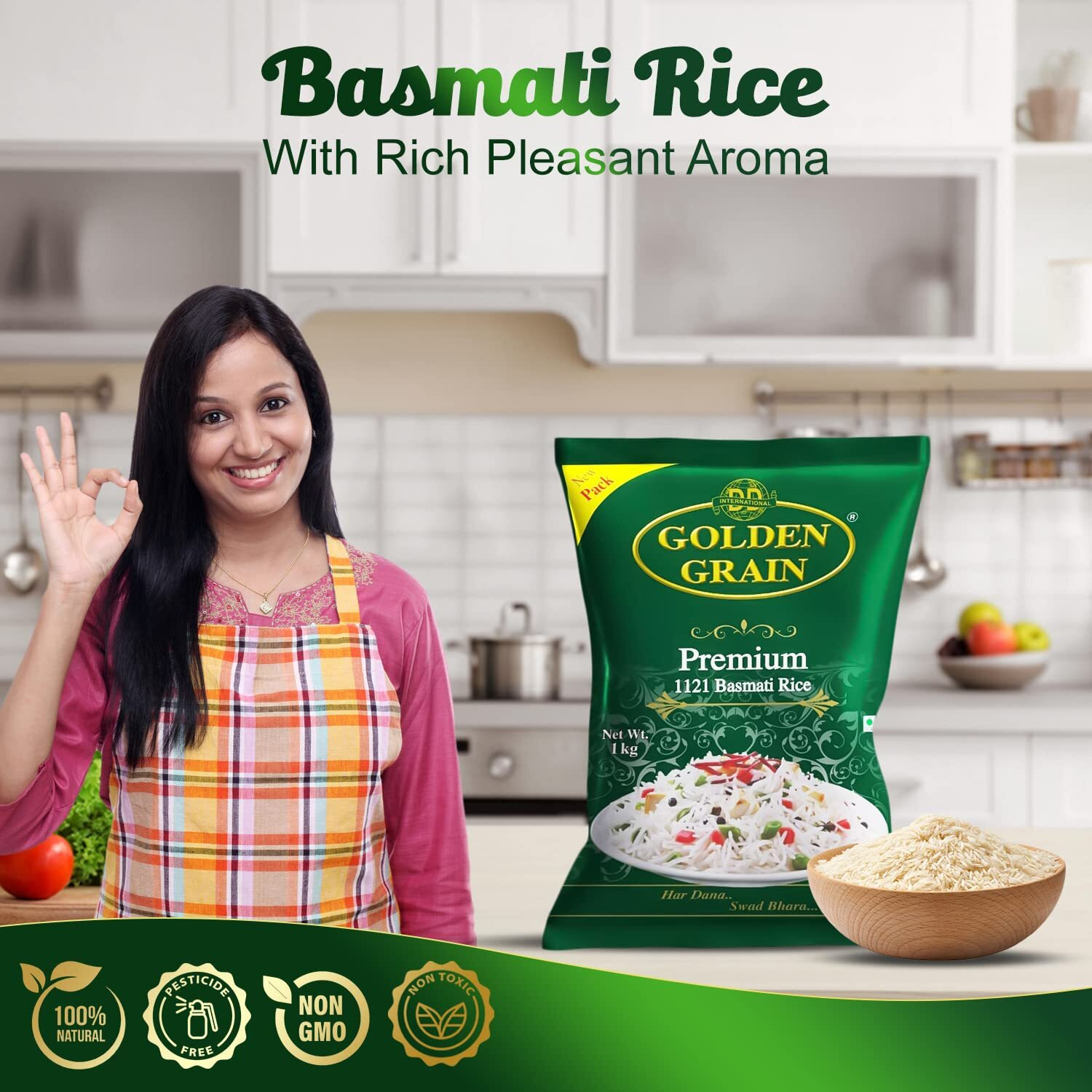 GOLDEN GRAIN Premium Basmati Rice 1Kg+1KG+1KG | Long Grain With Rich Pleasant Aroma Everyday Basmati Rice | Whole Grain, Non-GMO 1121 Biryani, Pulao Rice | Chawal For Daily Cooking (3KG)