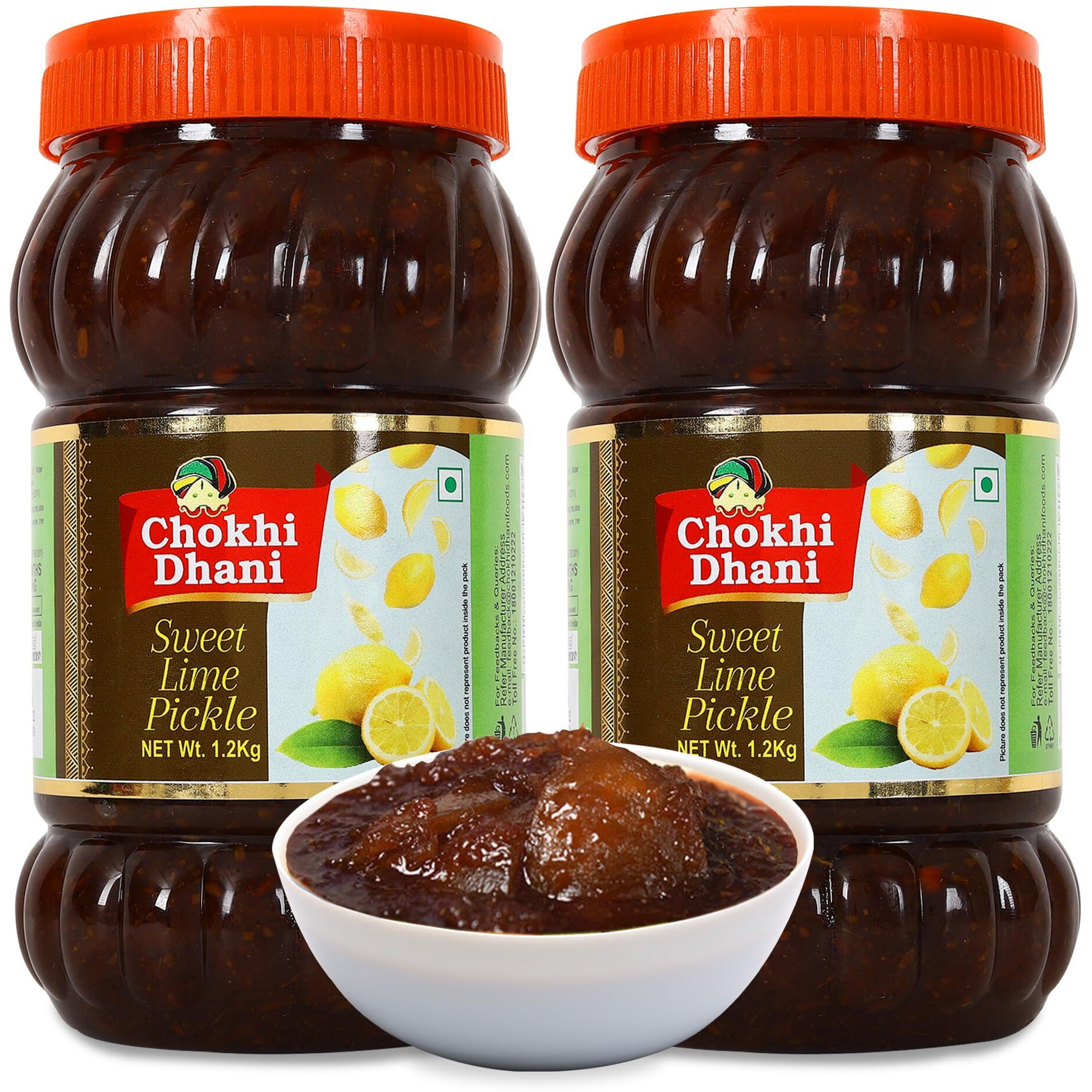 Chokhi Dhani Sweet Lime Pickle, Authentic Indian Style Tangy and Spicy Versatile Meetha Nimbu ka Achar with Preserved Aromatic Spices and Traditional Taste (Pack of 2, 1.2kg Each)