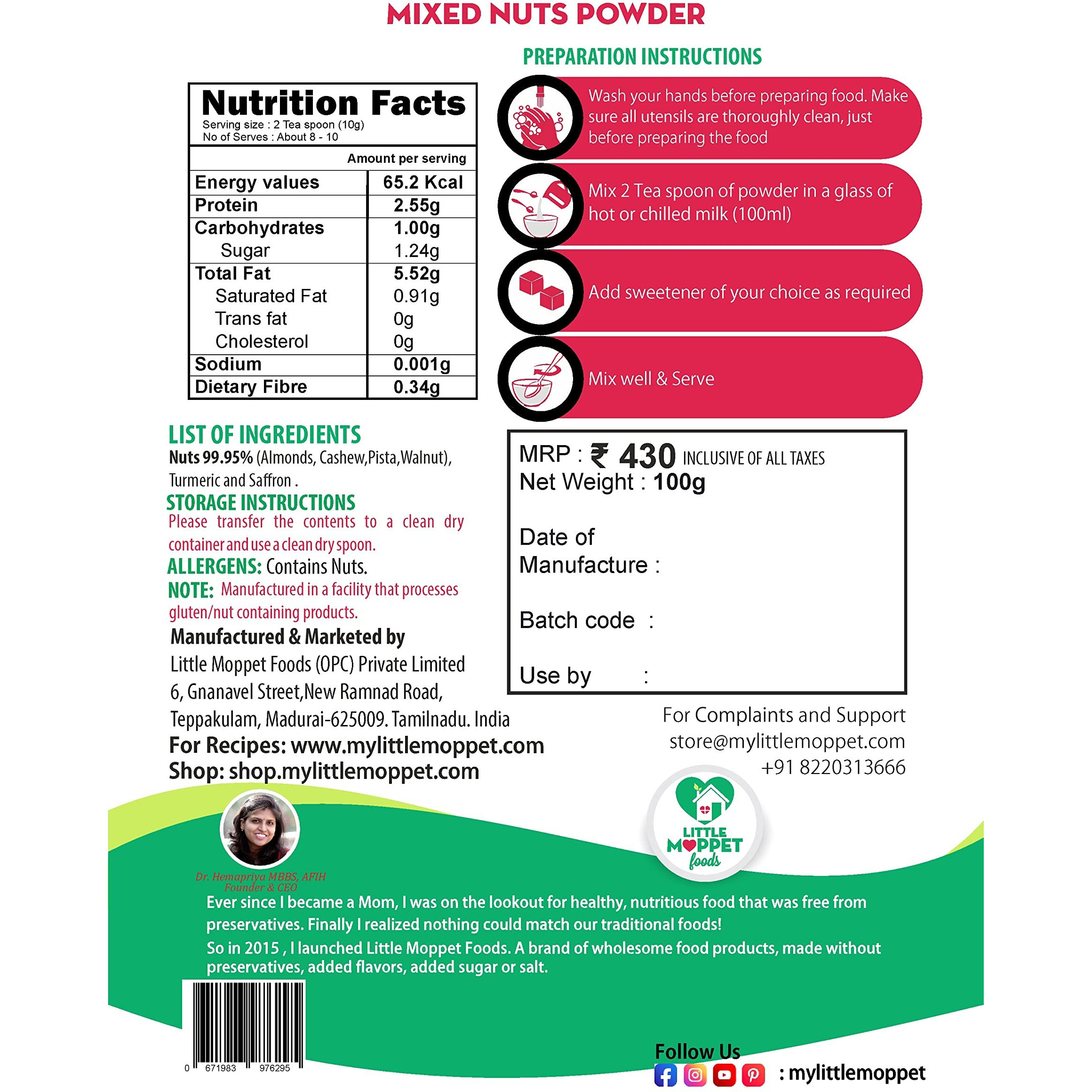 Little Moppet Foods Mixed Nuts Powder - 100g | No Additives and Preservatives | Free from Added Salt and Sugar | Made with Almonds, Cashew, Pistachios and Walnut |