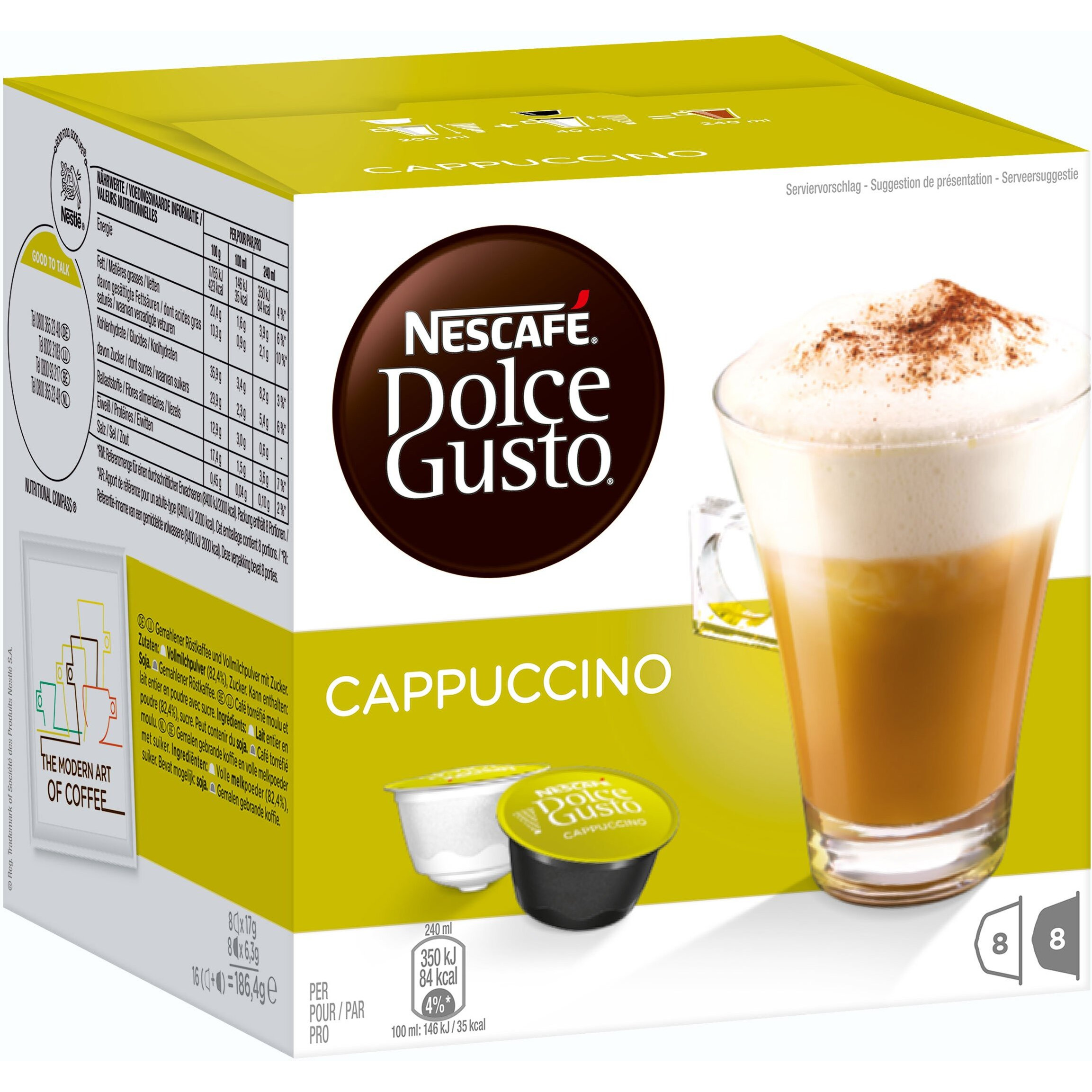 Nestle Nescafe Dolce Gusto Cappuccino Round & Silky Roast & Ground Coffee 16 Capsule, 186.4G ((8 Creamer + 8 Coffee))
